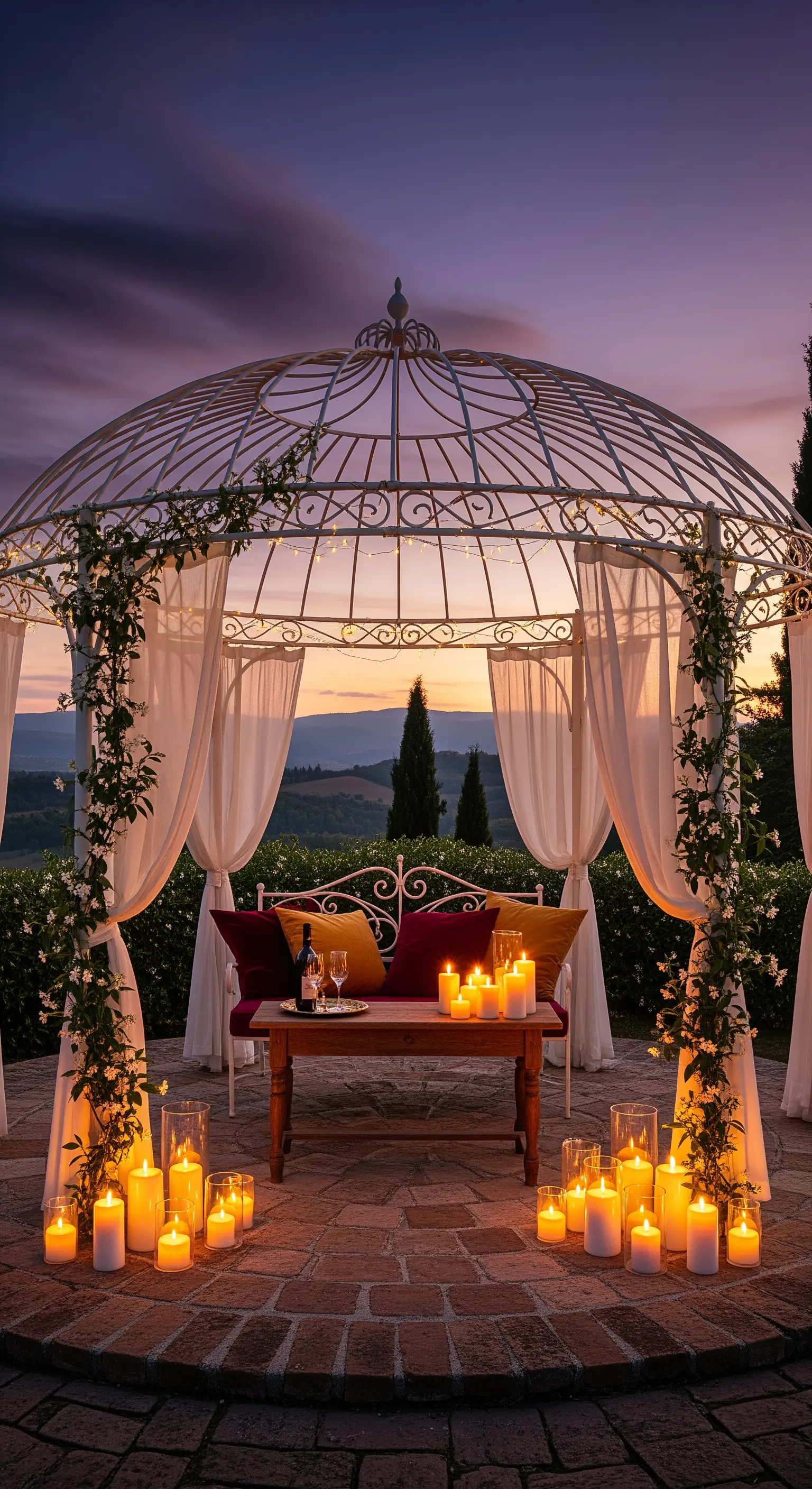 Gazebo in ferro battuto con tende bianche e candele, affacciato sulle colline al tramonto.