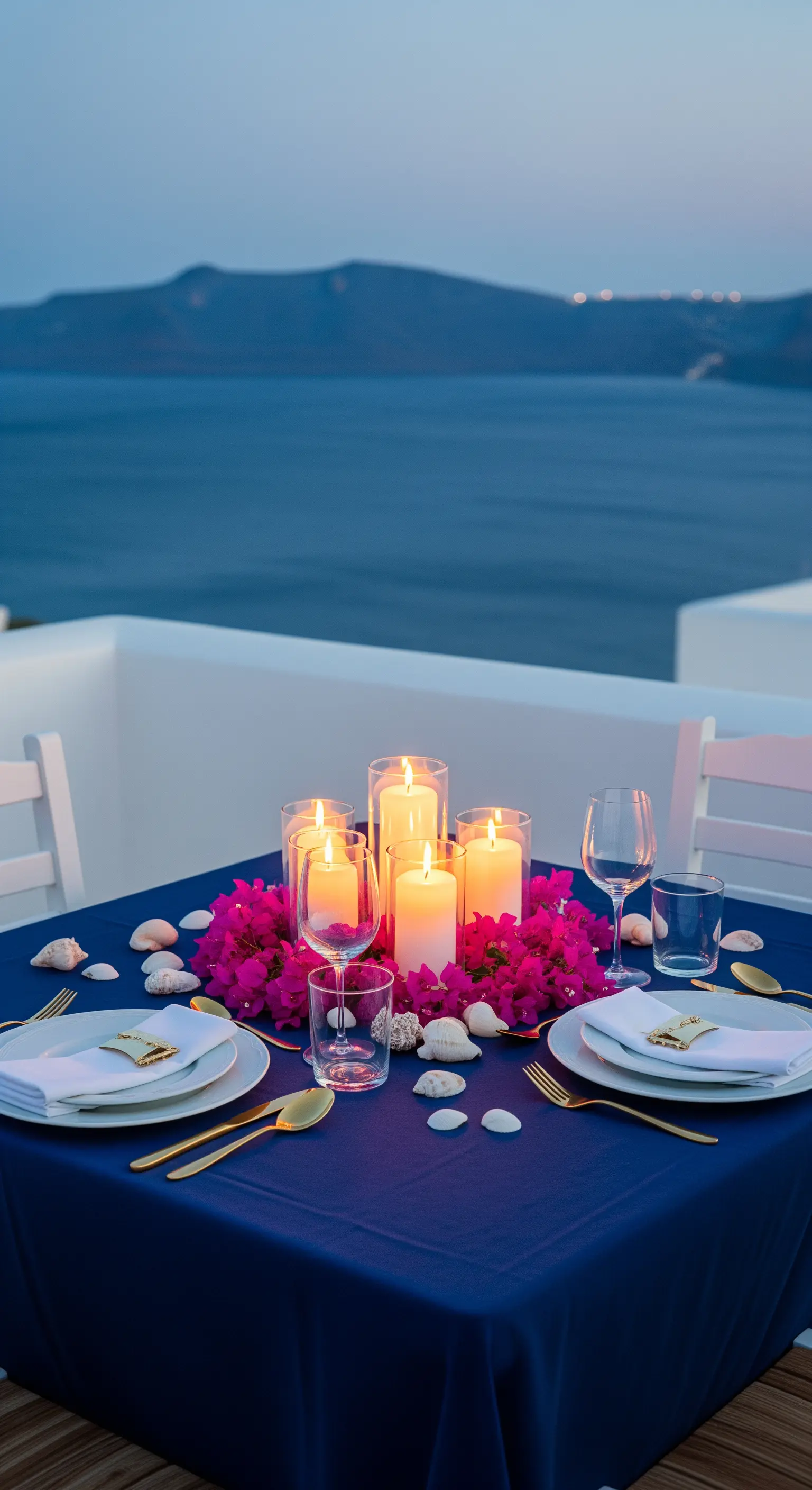 Cena romantica al tramonto con tovaglia blu, candele e fiori fucsia.