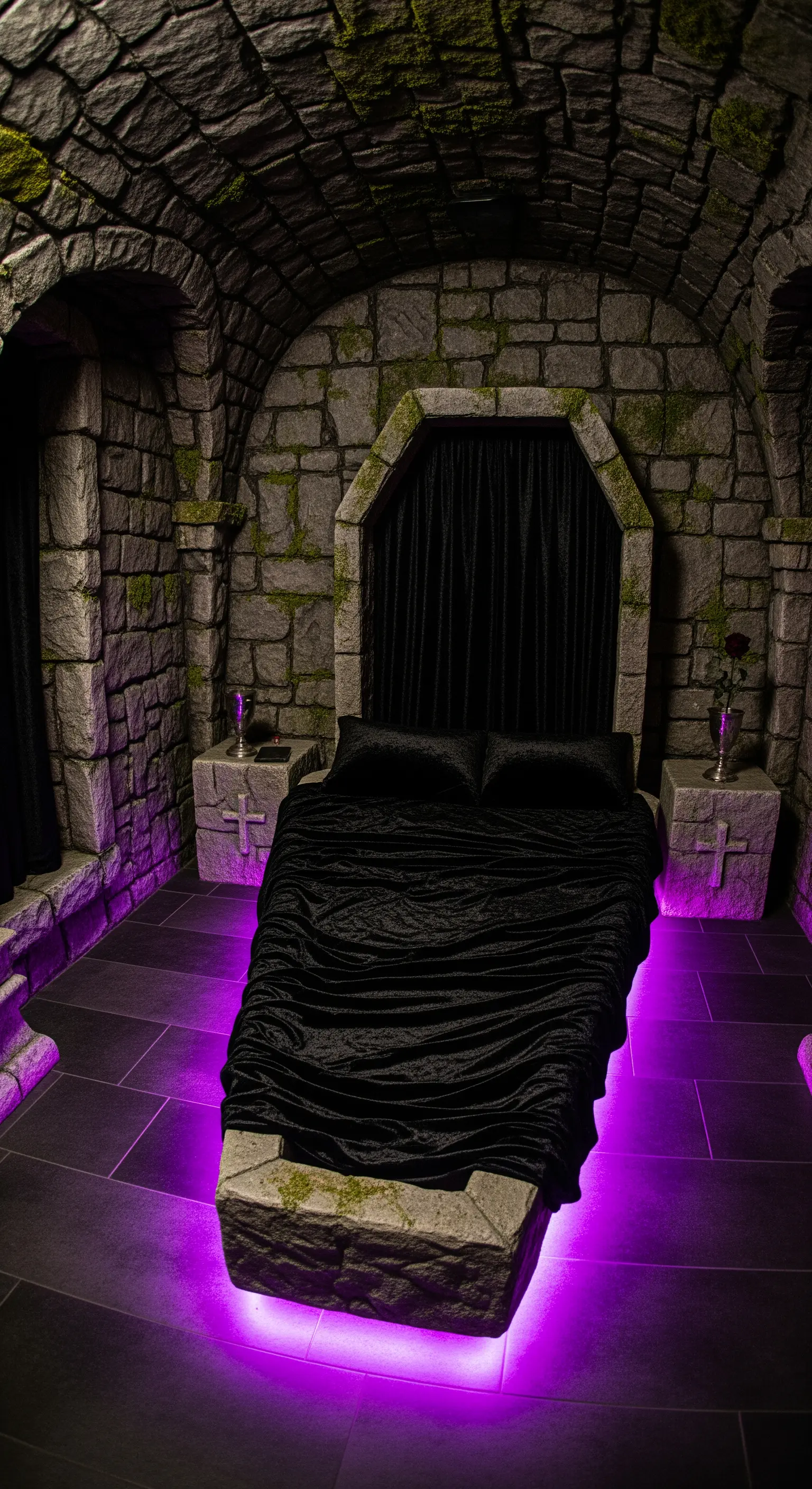 Letto a forma di sarcofago in una cripta di pietra, con illuminazione viola dal basso.