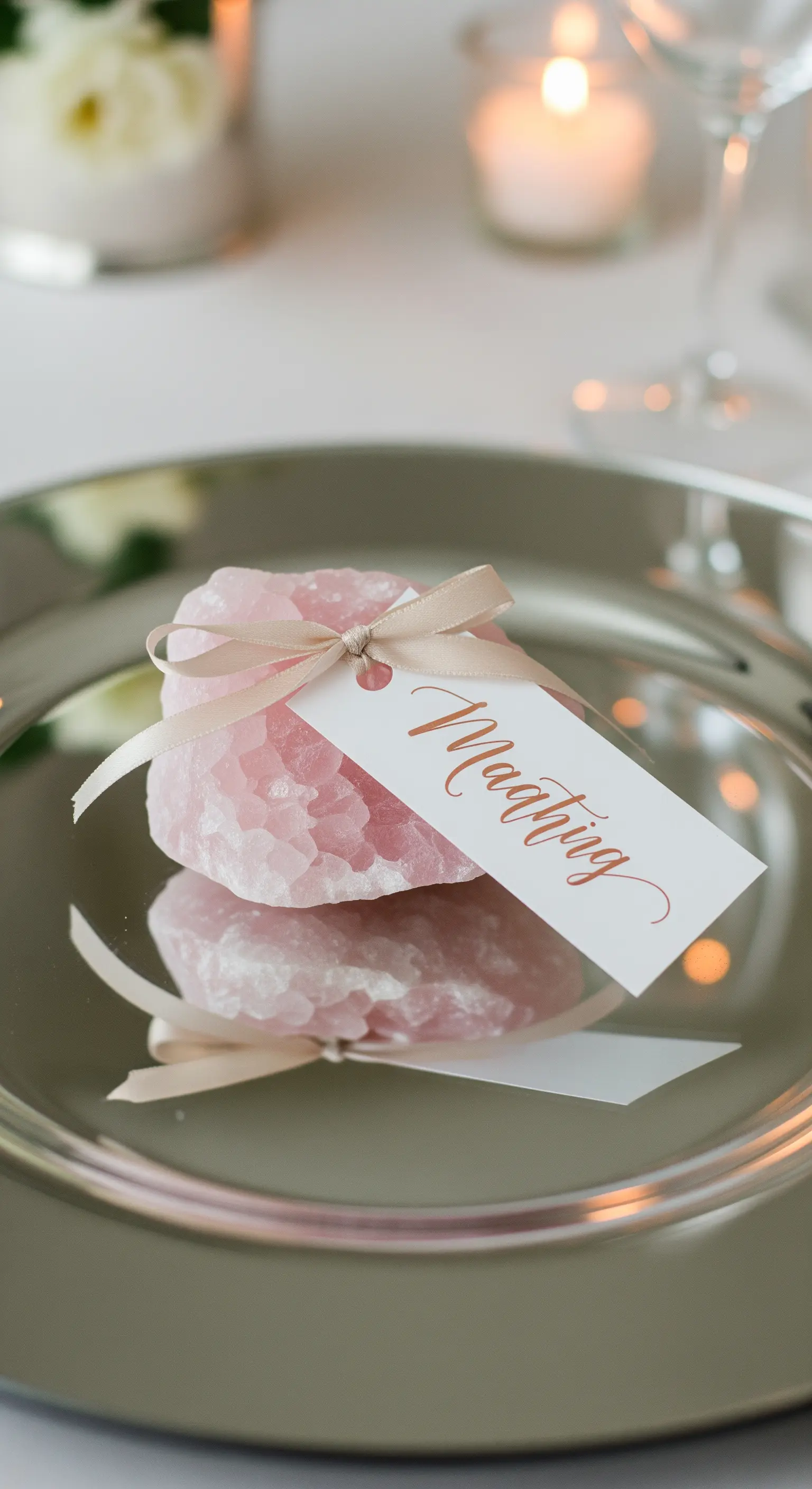 Pezzo di quarzo rosa grezzo con un'etichetta calligrafica legata da un nastro.