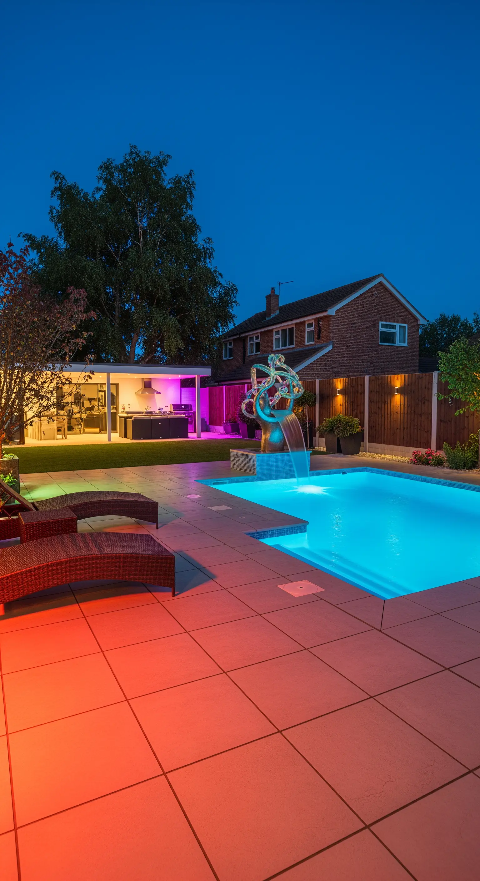 Piscina con illuminazione a LED rossa e viola, cucina esterna e una fontana scultorea.