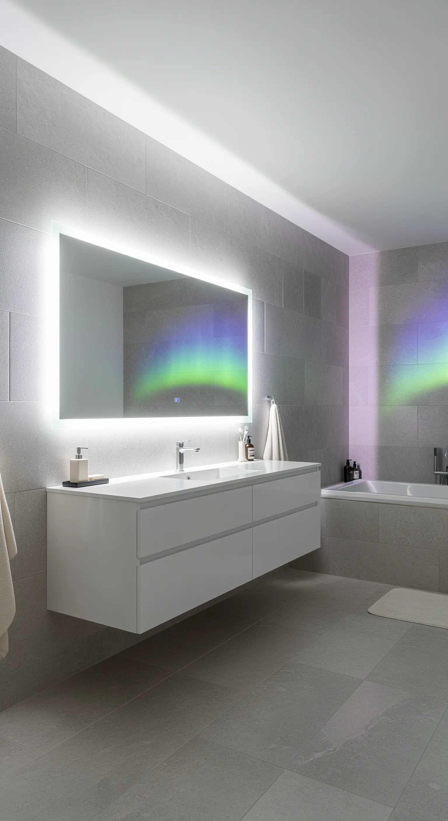 Specchio rettangolare retroilluminato con luci colorate cangianti in un bagno grigio.