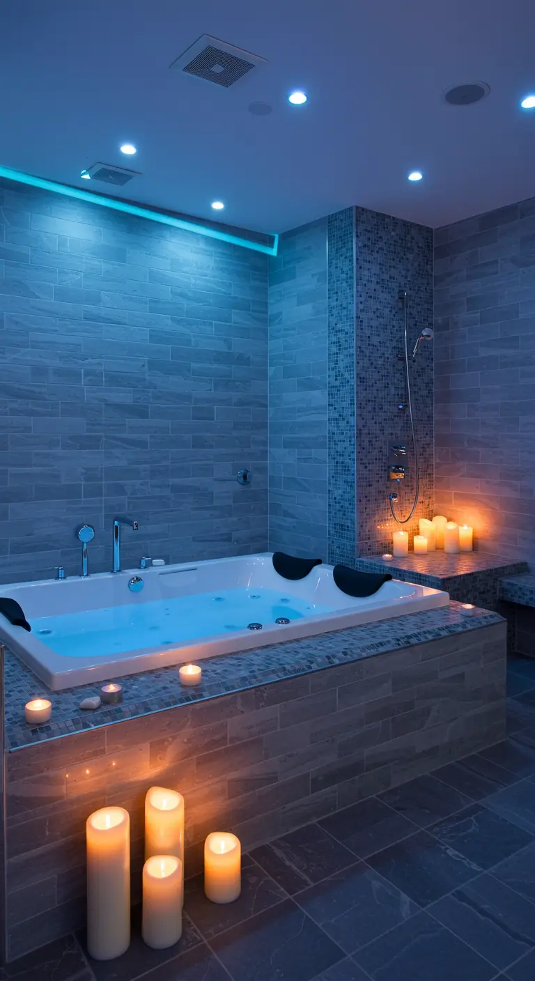 Vasca idromassaggio illuminata da una luce a LED blu, circondata da candele accese.