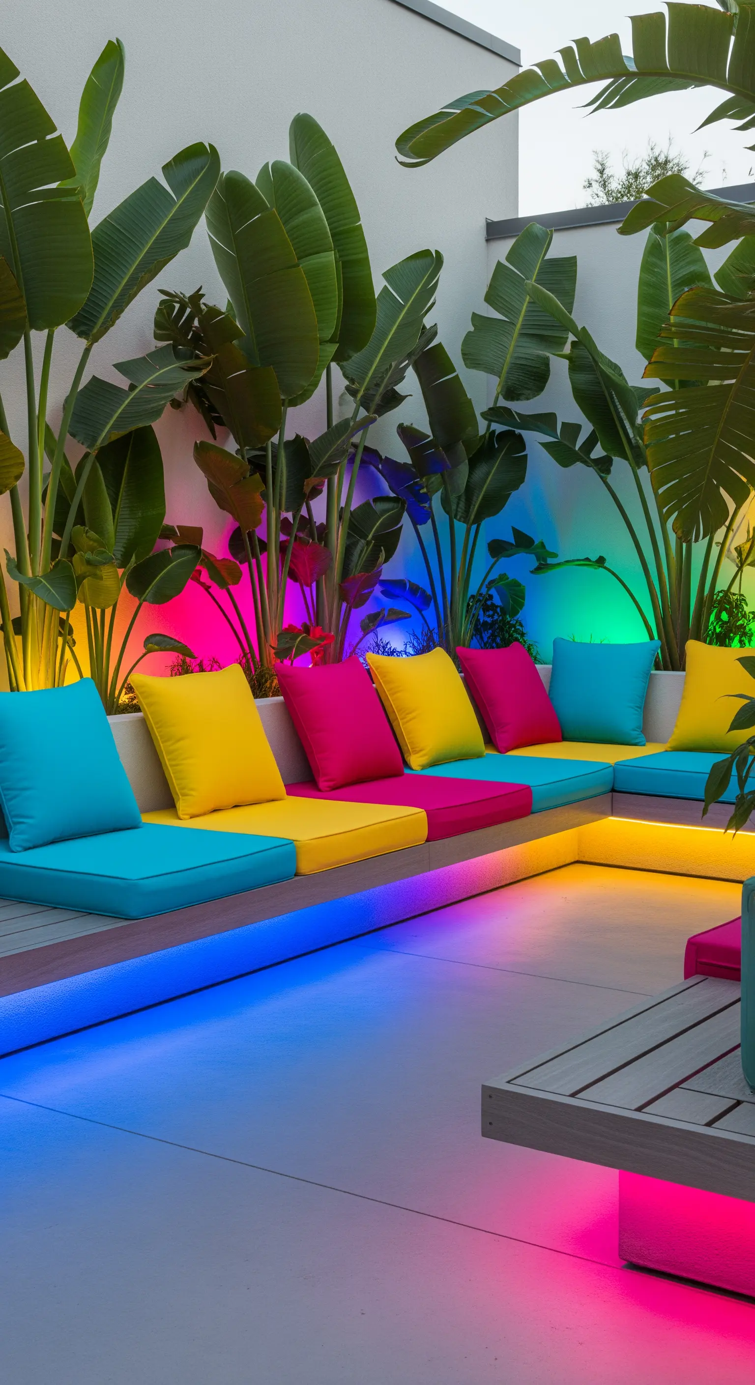 Panca esterna con cuscini colorati e illuminazione LED RGB multicolore.