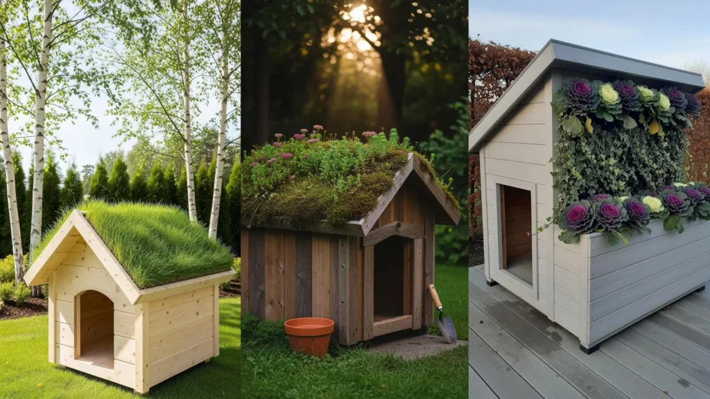 Tre cucce fai da te con tetto verde, ricche di piante e fiori, perfette per i vostri amici a quattro zampe.