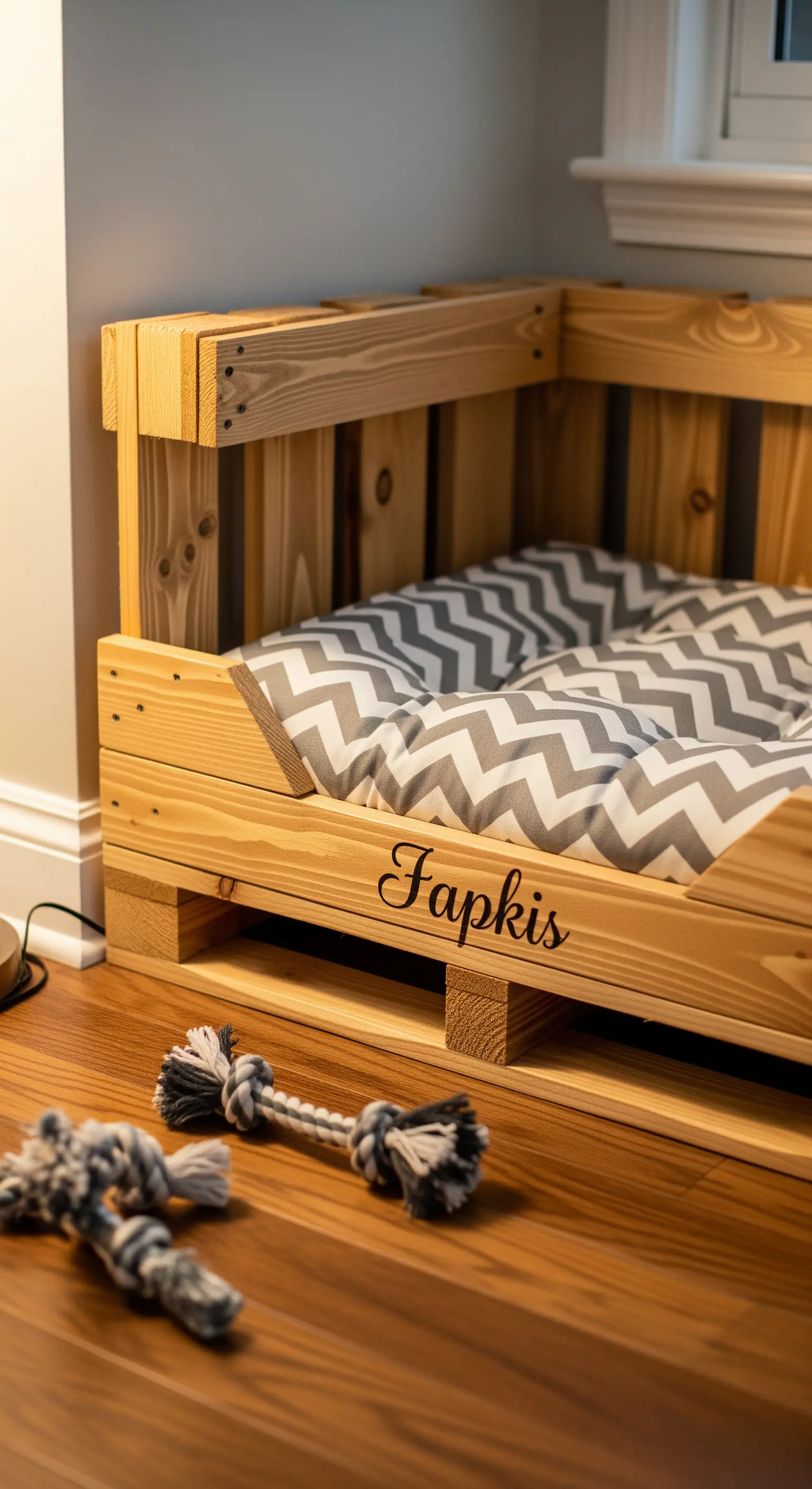 Cuccia per cani fai-da-te in legno di pallet con un morbido cuscino a motivi geometrici.