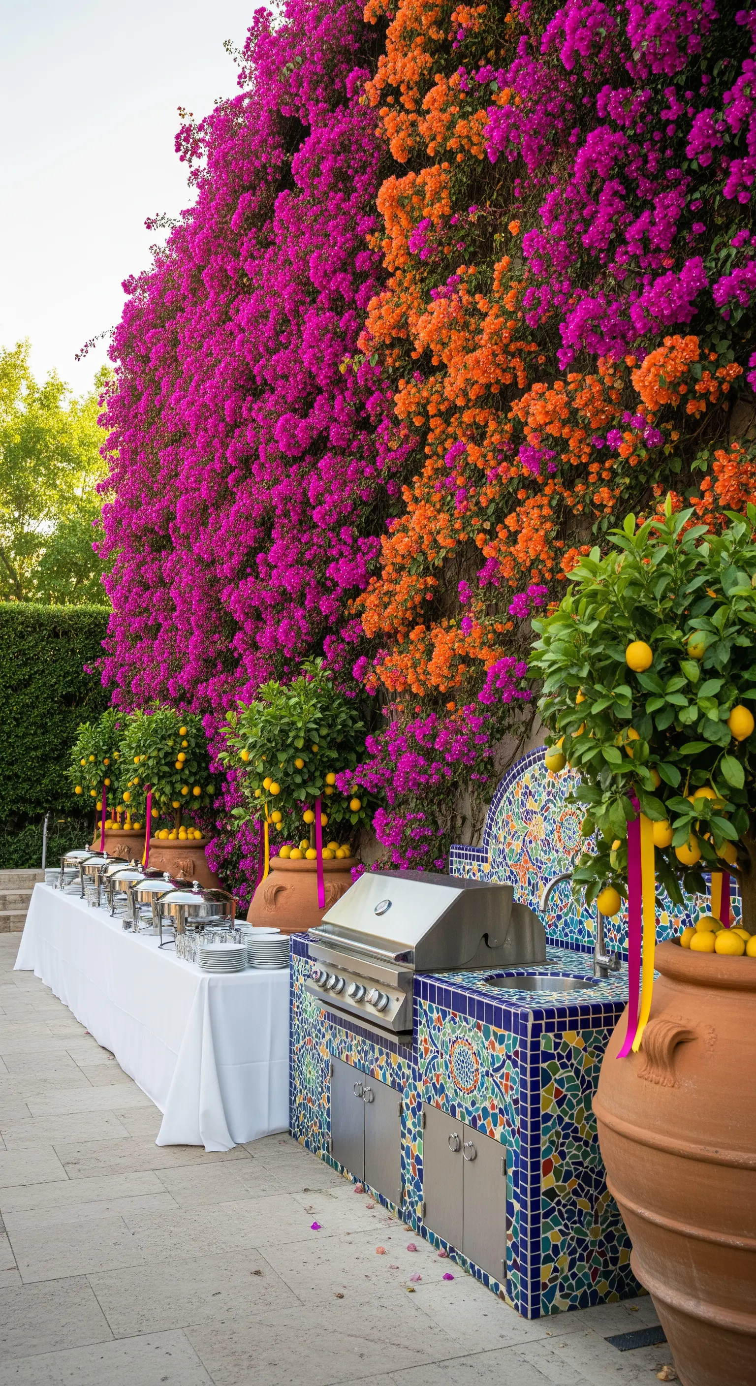 Cucina esterna con barbecue in mosaico davanti a una parete di bouganville fucsia e arancio.