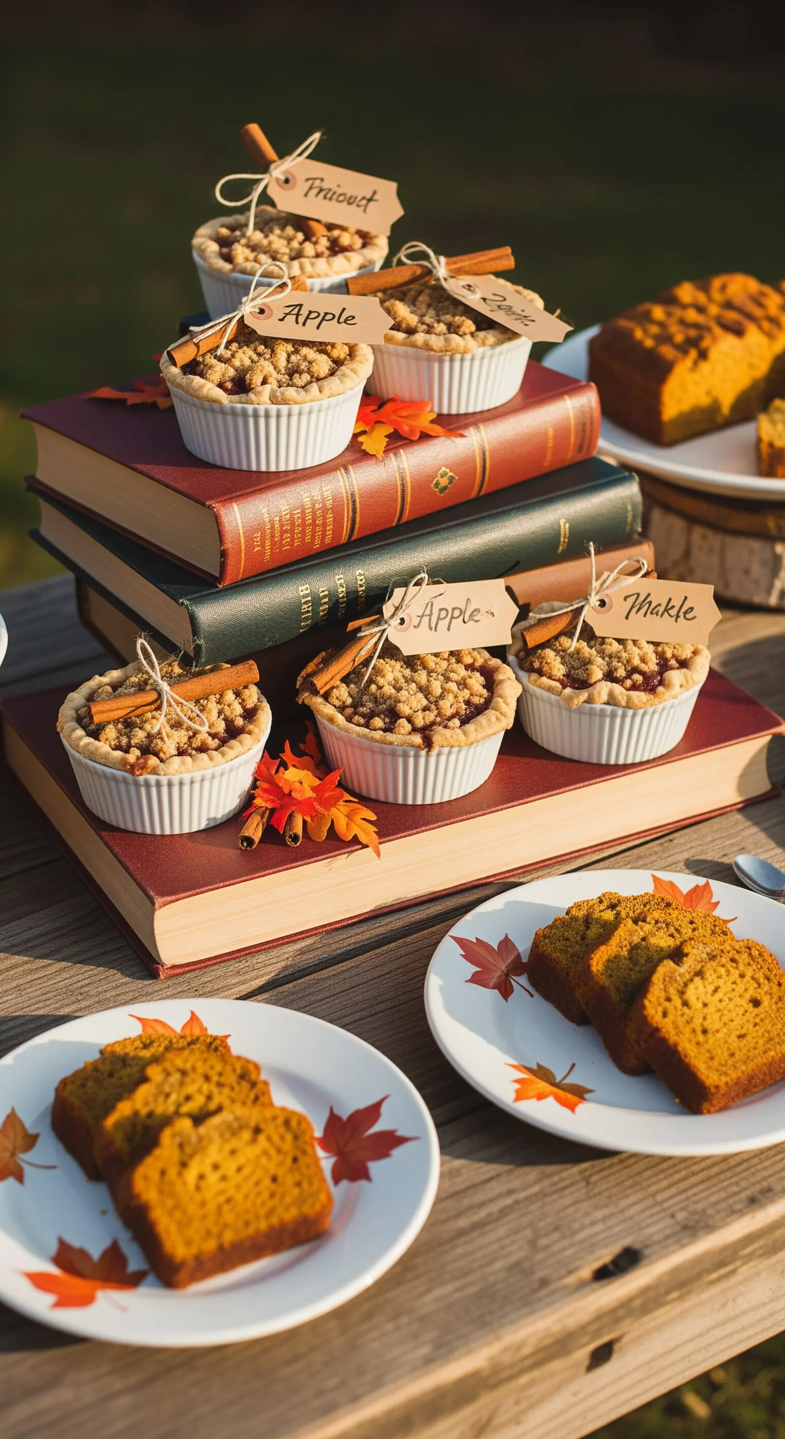Mini crostate autunnali servite su una pila di libri antichi come alzata per un buffet a tema.