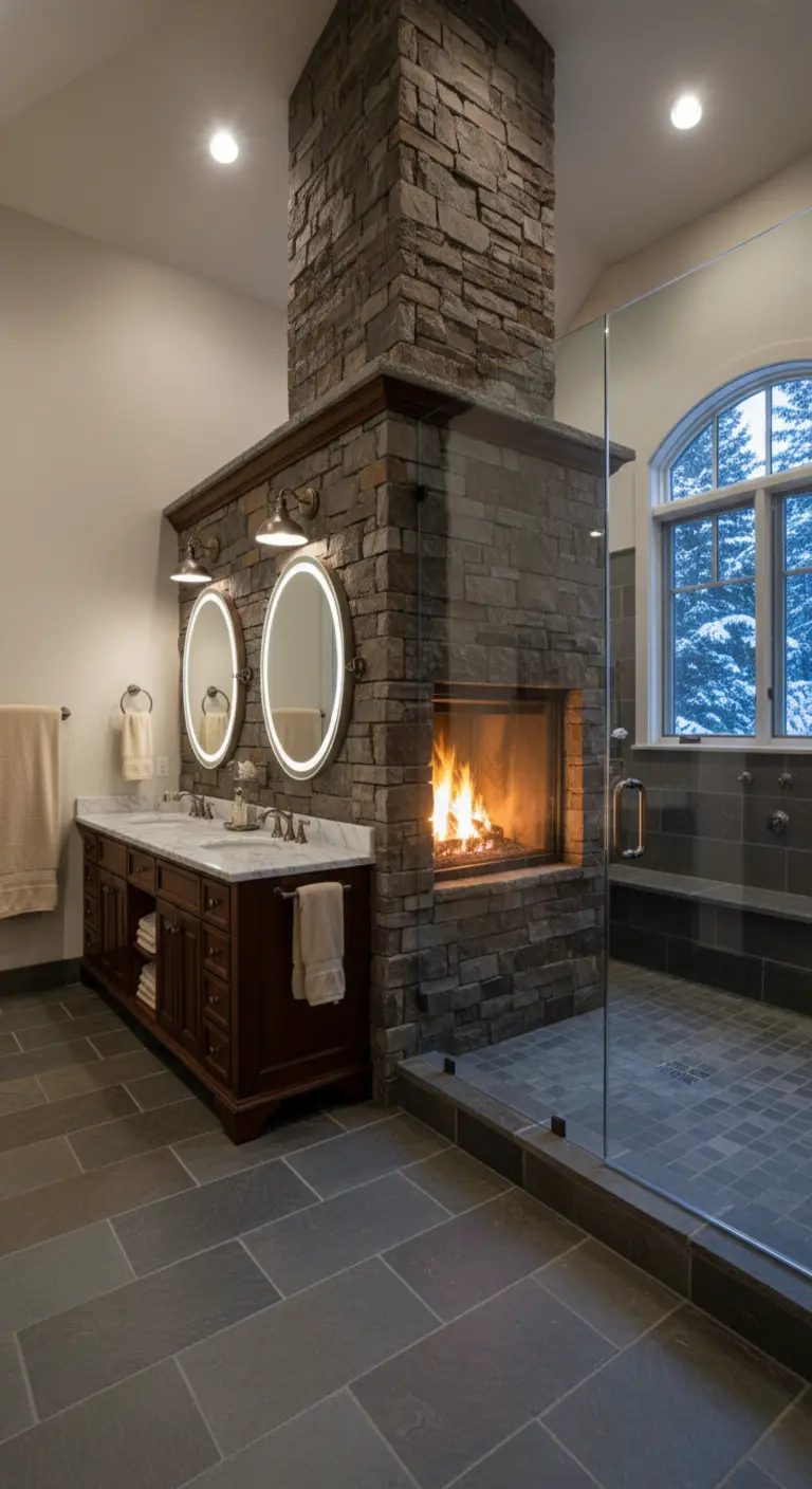 Bagno moderno con camino in pietra bifacciale che divide la zona lavabi dalla doccia walk-in.