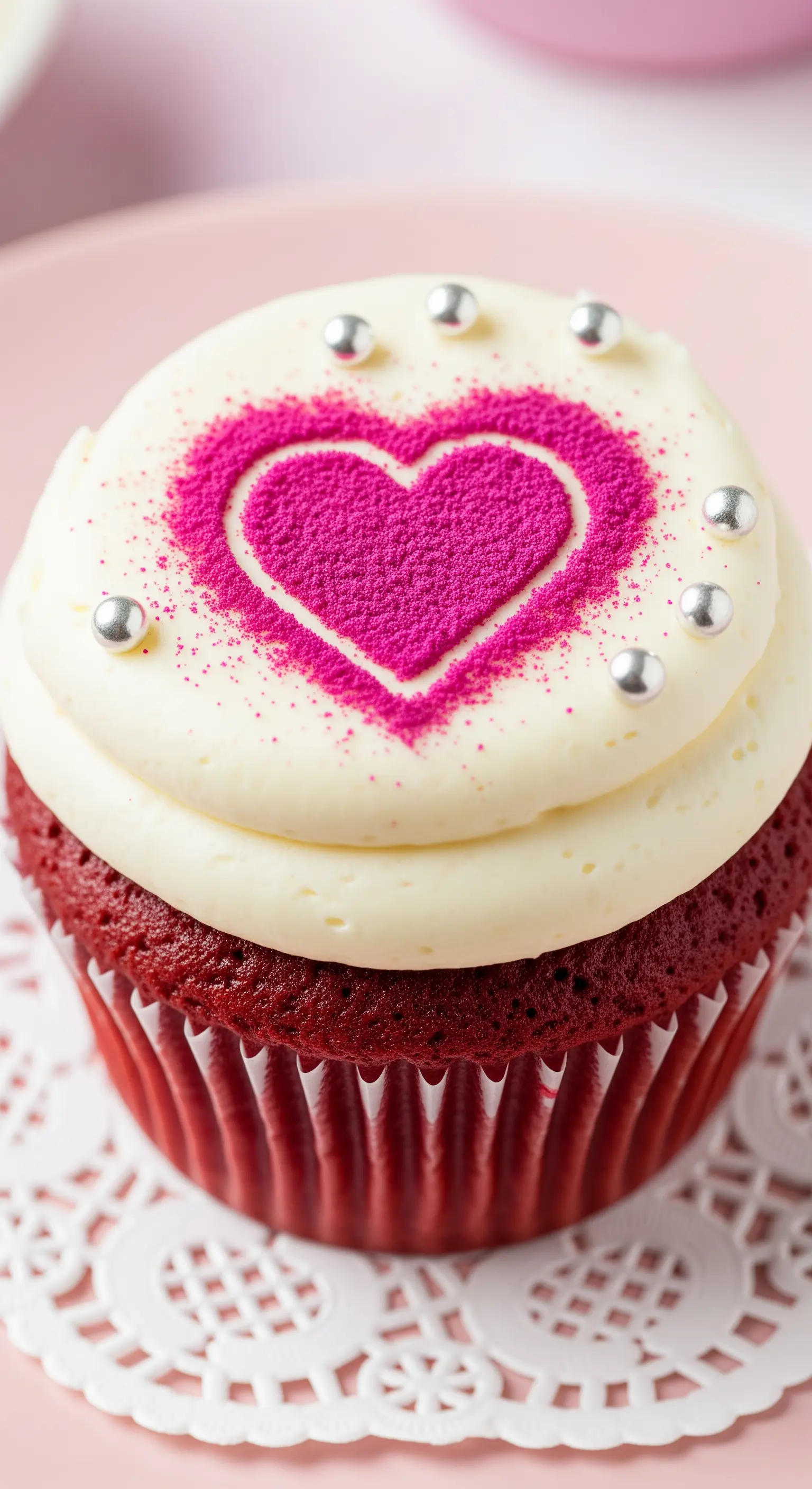 Cupcake red velvet con un cuore fucsia realizzato con polvere di lampone e uno stencil.