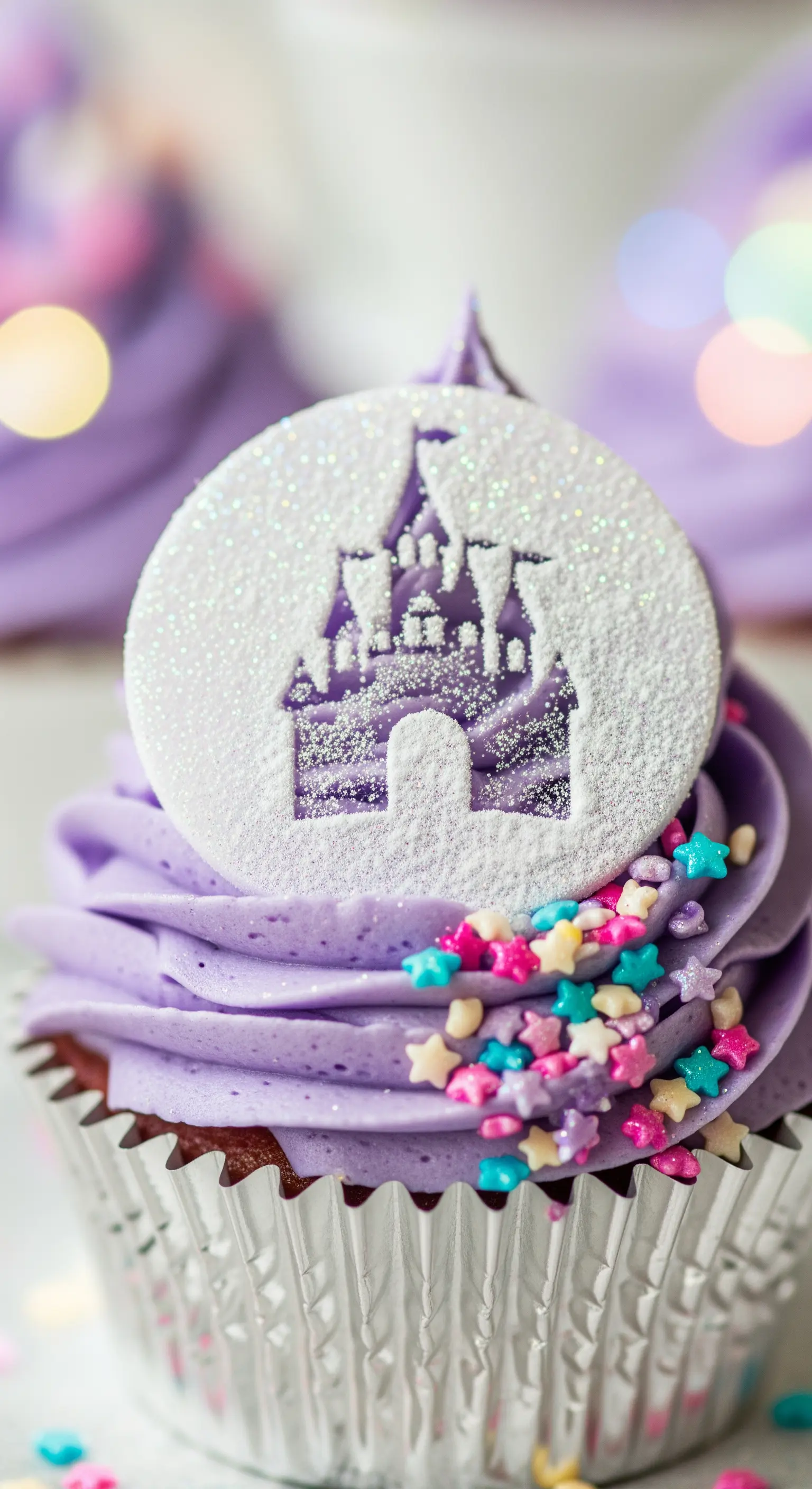 Cupcake viola con un topper bianco scintillante decorato con un castello, stile Disney.