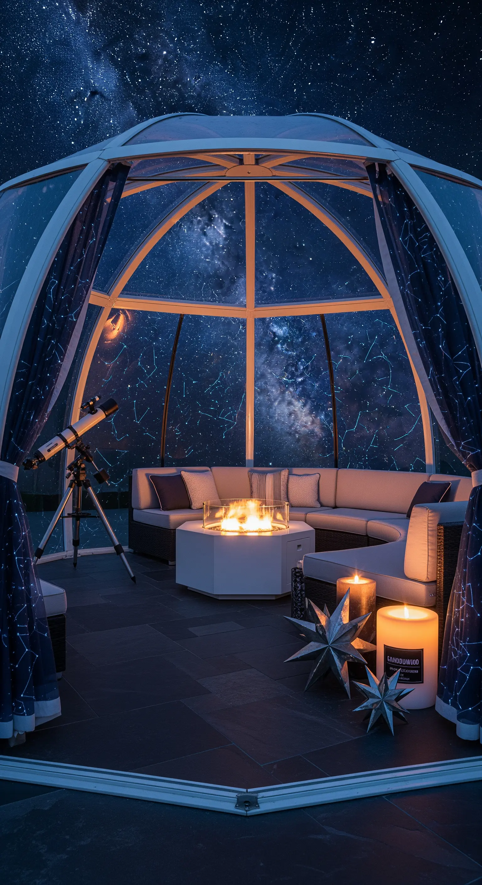 Cupola geodetica trasparente di notte, con divano, braciere e vista sulla Via Lattea.
