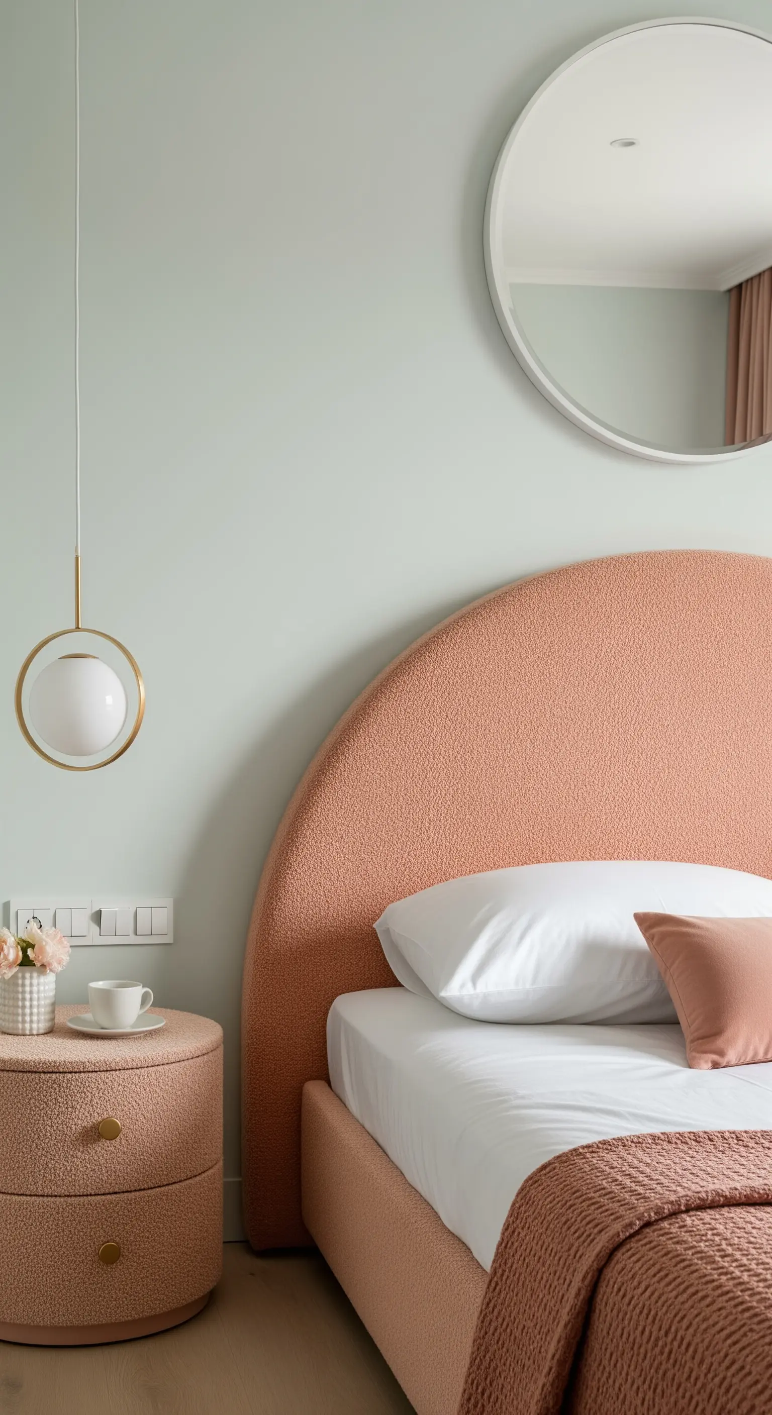 Dettaglio di una testiera arrotondata e comodino in tessuto bouclé color pesca.