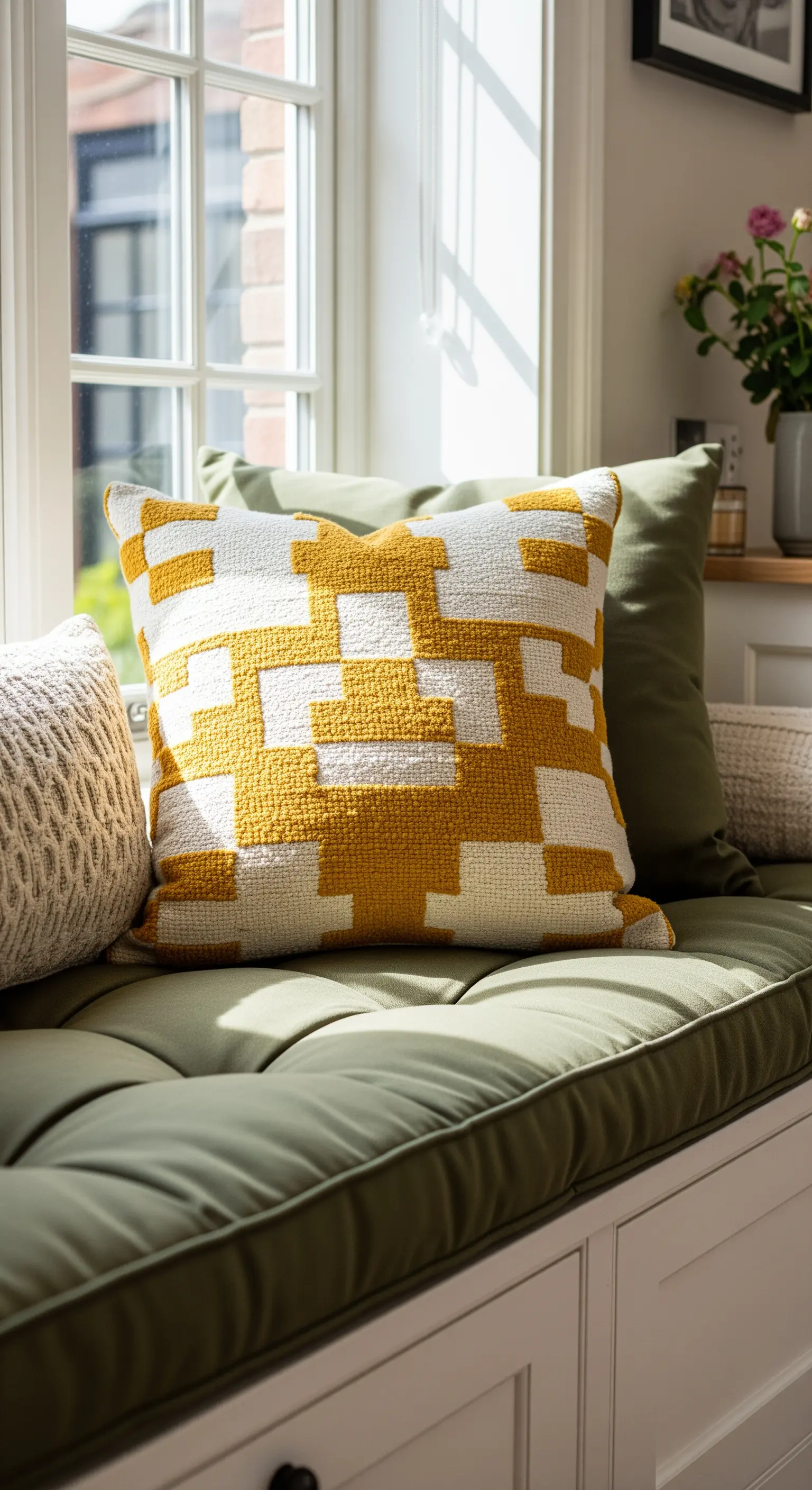 Panca sul davanzale con materassino verde oliva e cuscino decorativo senape e bianco.