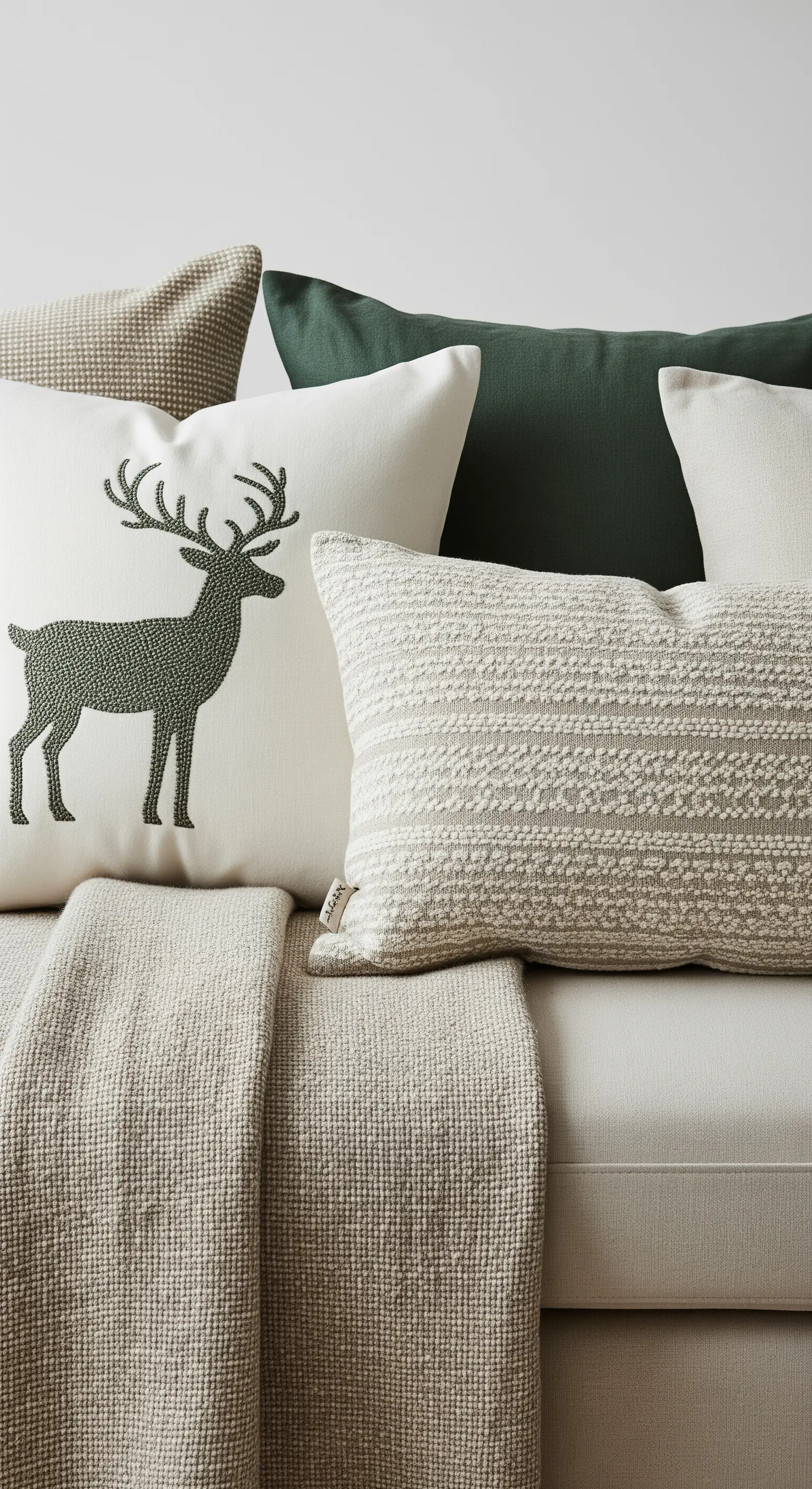 Composizione di cuscini sul divano con motivi nordici, texture diverse e colori neutri.