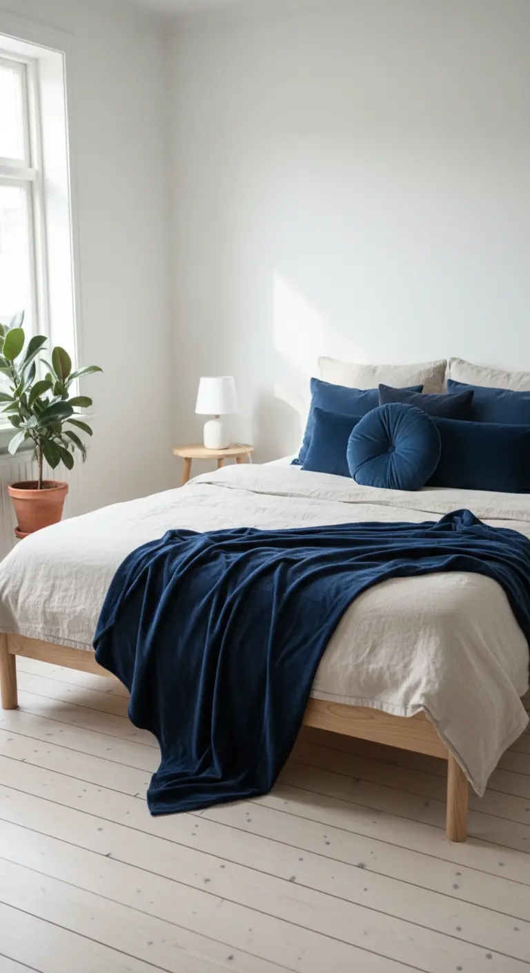 Cuscini in velluto blu notte su un letto in legno chiaro con biancheria beige.