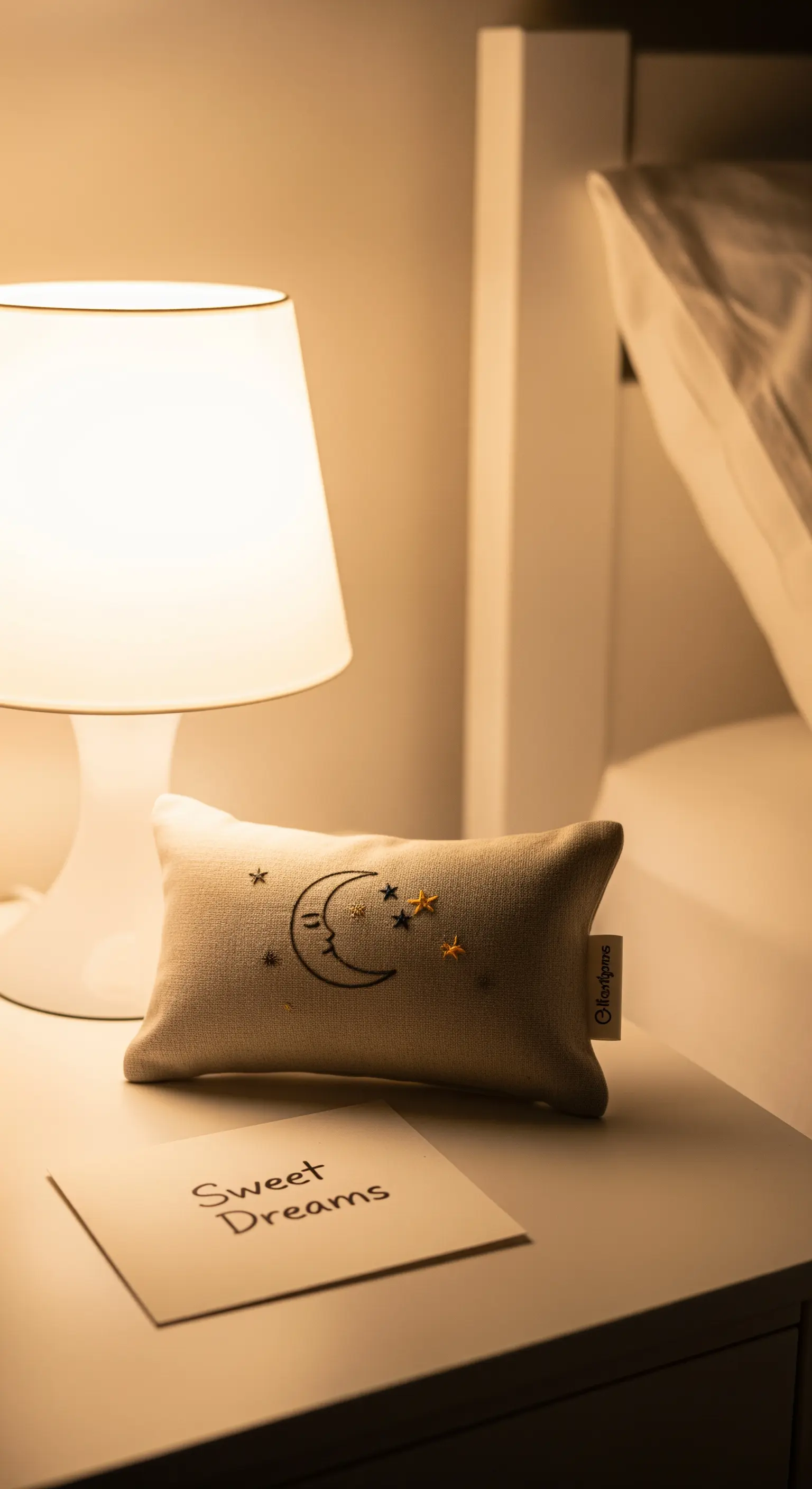 Piccolo cuscino ricamato con una luna, appoggiato sul comodino accanto a una lampada accesa.