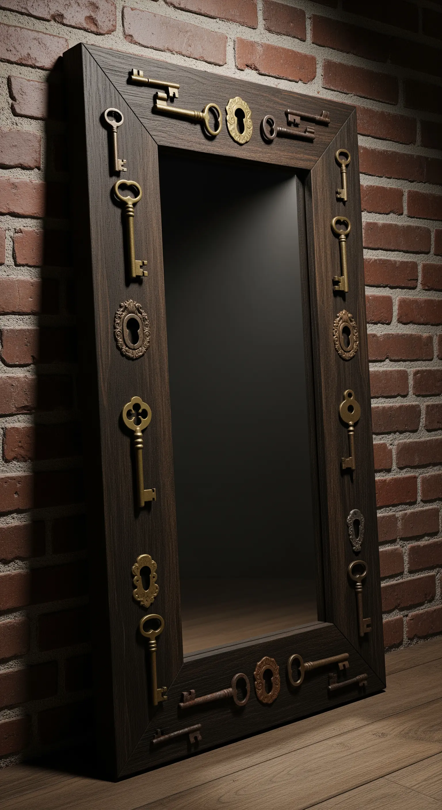Specchio con cornice in legno scuro decorata con chiavi e serrature antiche in ottone e ferro.