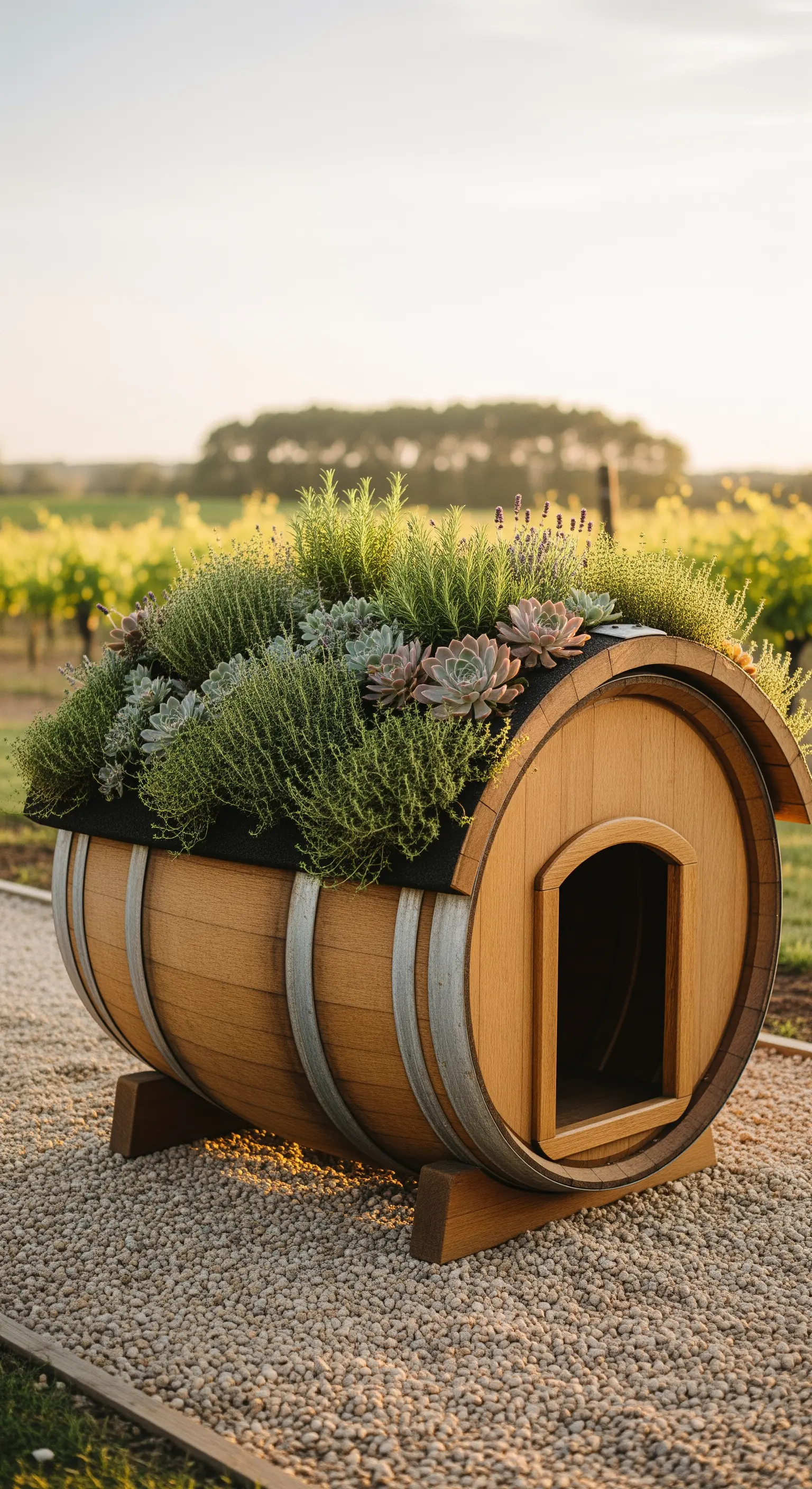 Cuccia per cani ricavata da una botte di legno, con piante grasse ed erbe sul tetto.