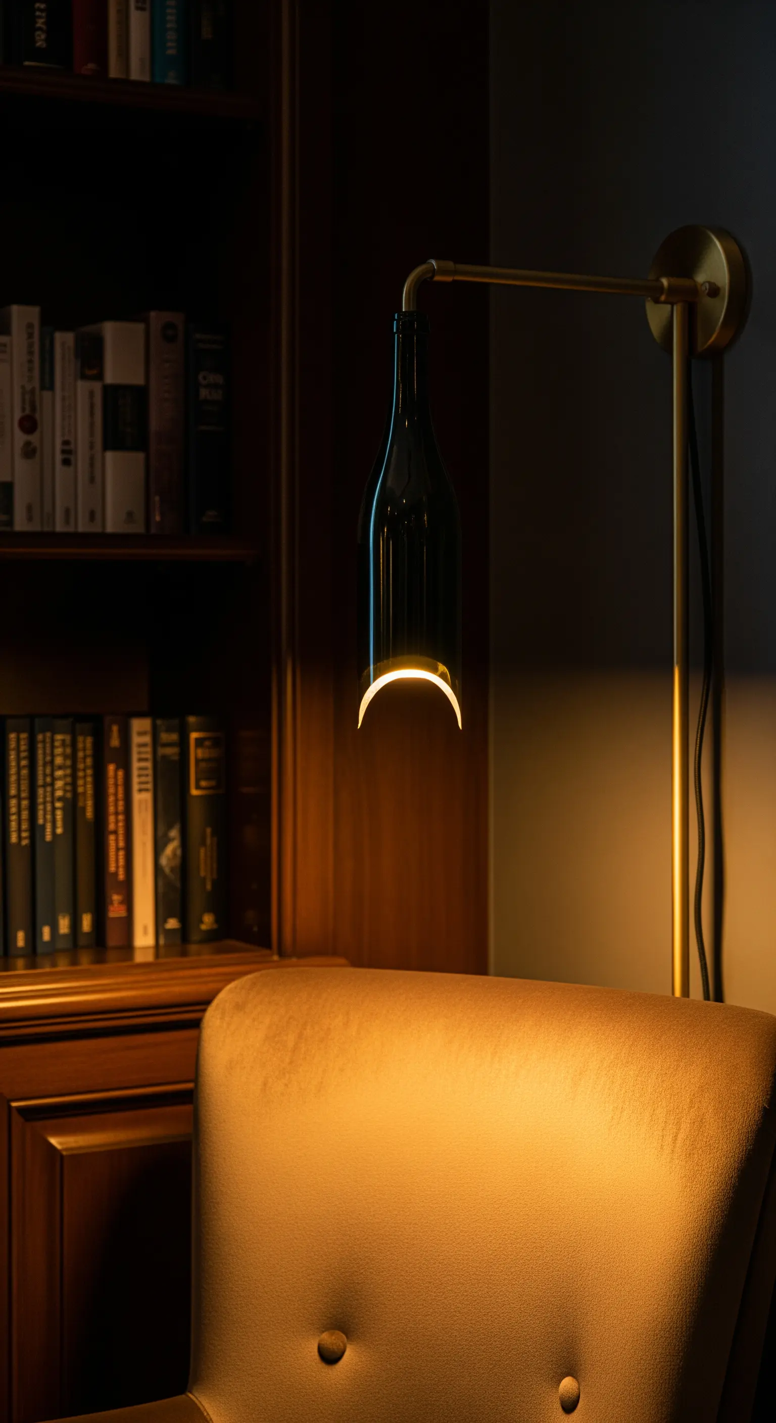 Lampada da lettura con una bottiglia di vino scura tagliata e un braccio in ottone.