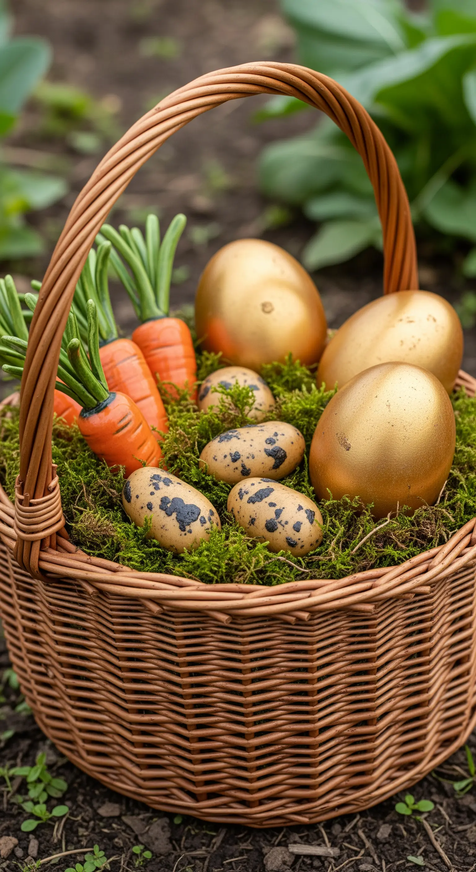 Cesto di vimini con muschio, uova dorate, uova di quaglia e piccole carote finte.
