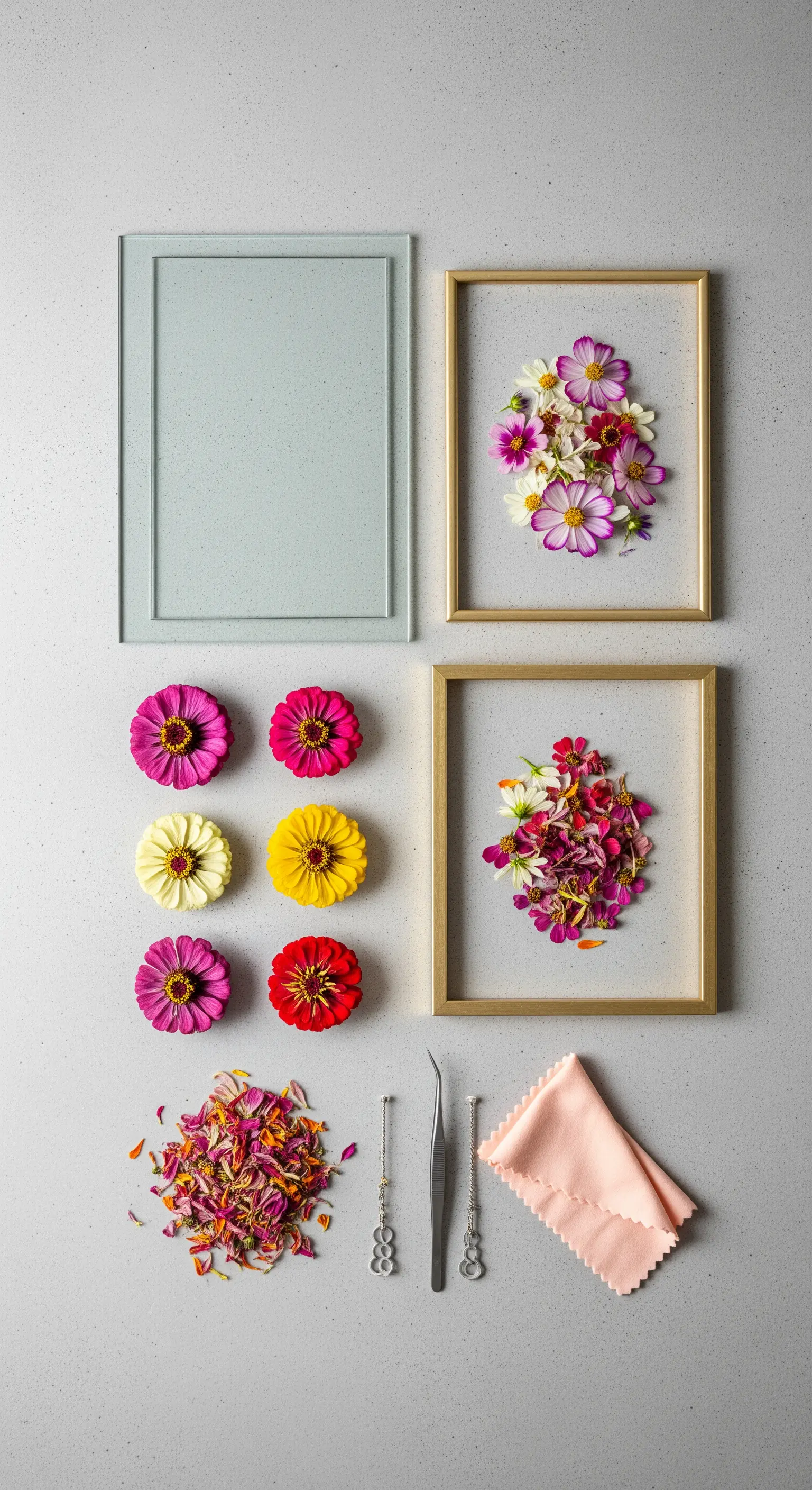 Flat lay con fiori di zinnia, petali e cornici dorate vuote per sperimentare.