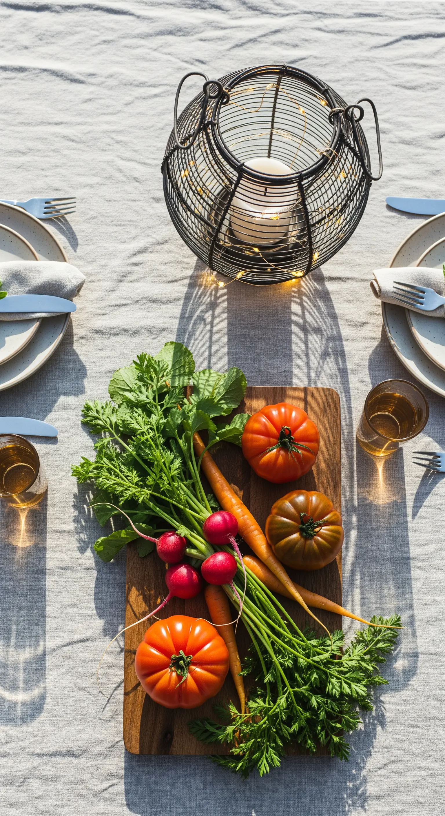 Tavola minimalista con ortaggi freschi su un tagliere e una lanterna in metallo.