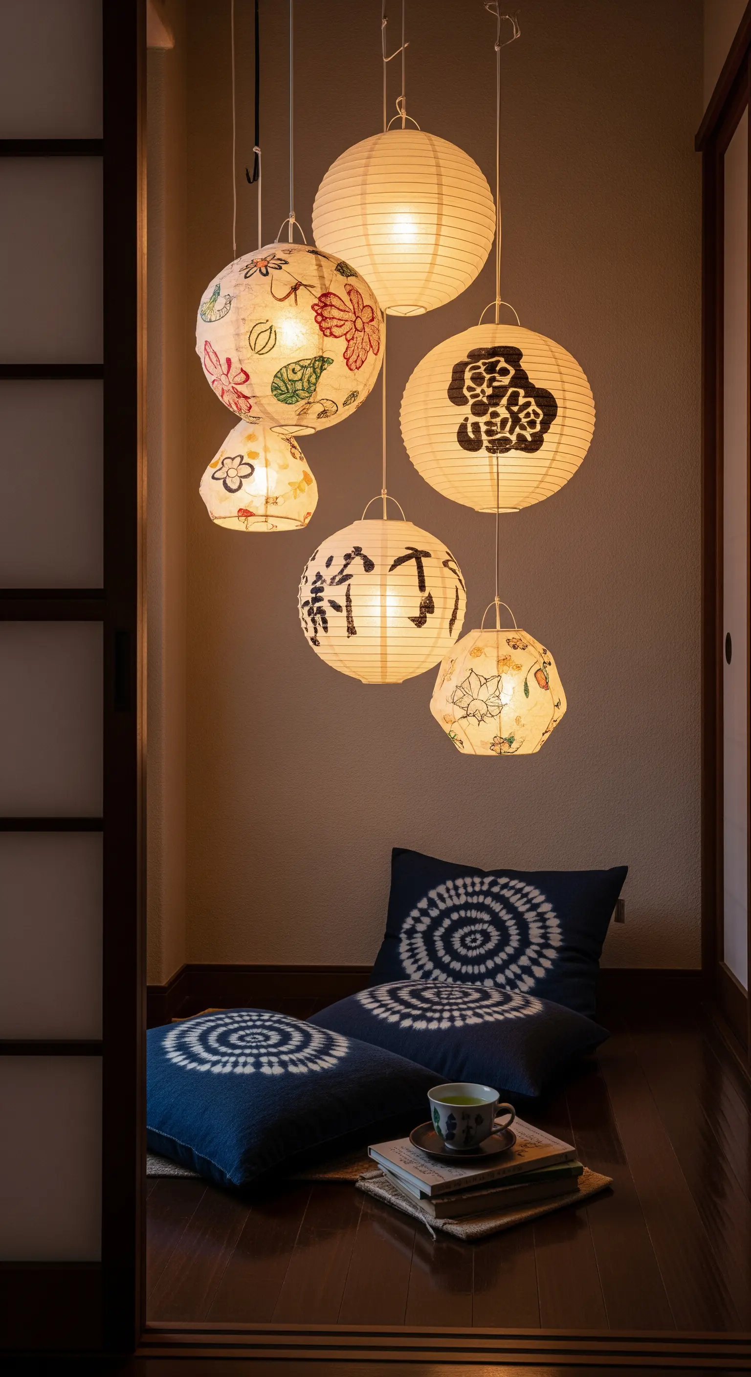 Gruppo di lanterne di carta giapponesi illuminate, sospese sopra cuscini blu tie-dye.