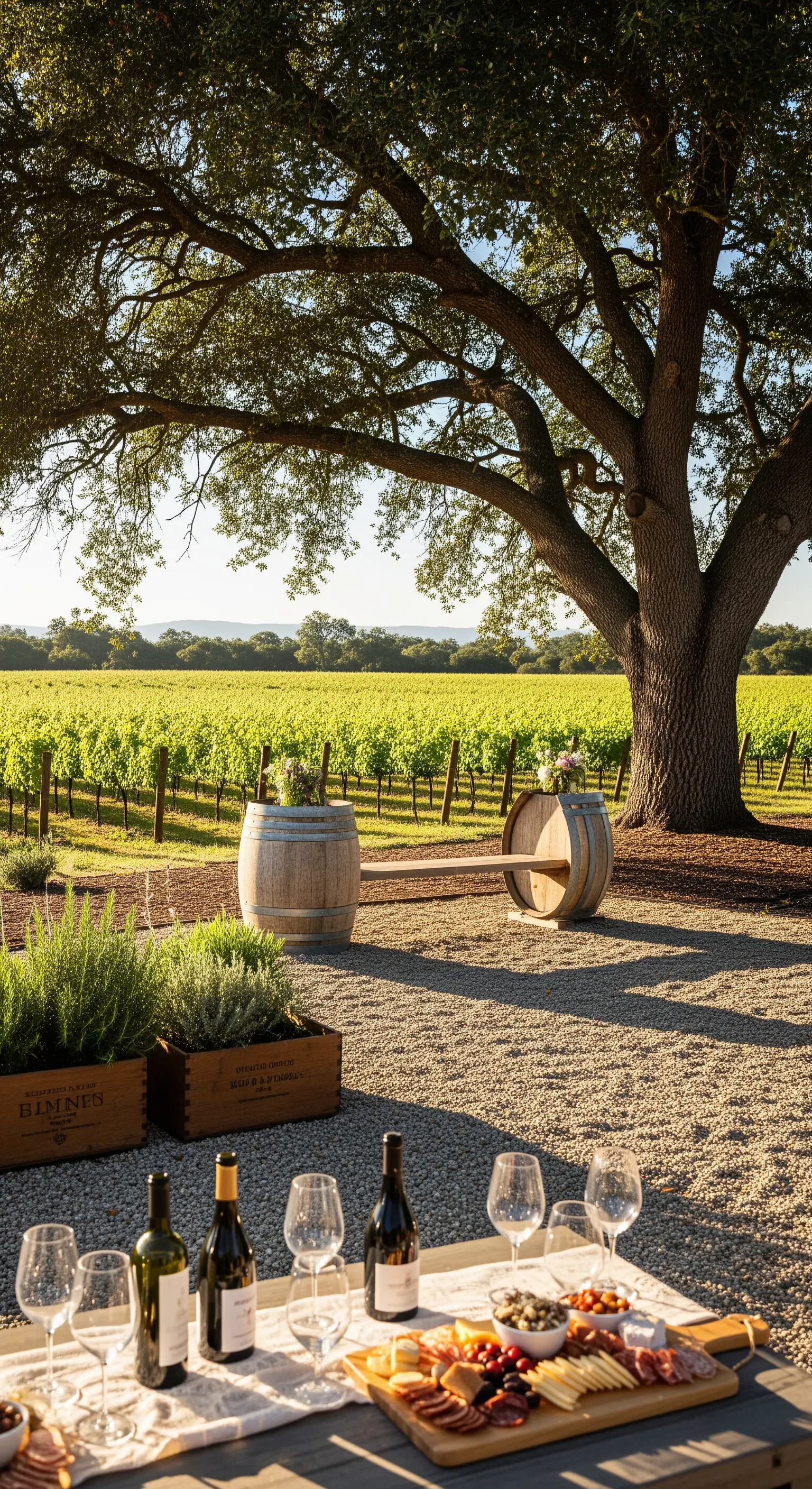 Degustazione di vini in un vigneto con botti usate come tavoli e fioriere.