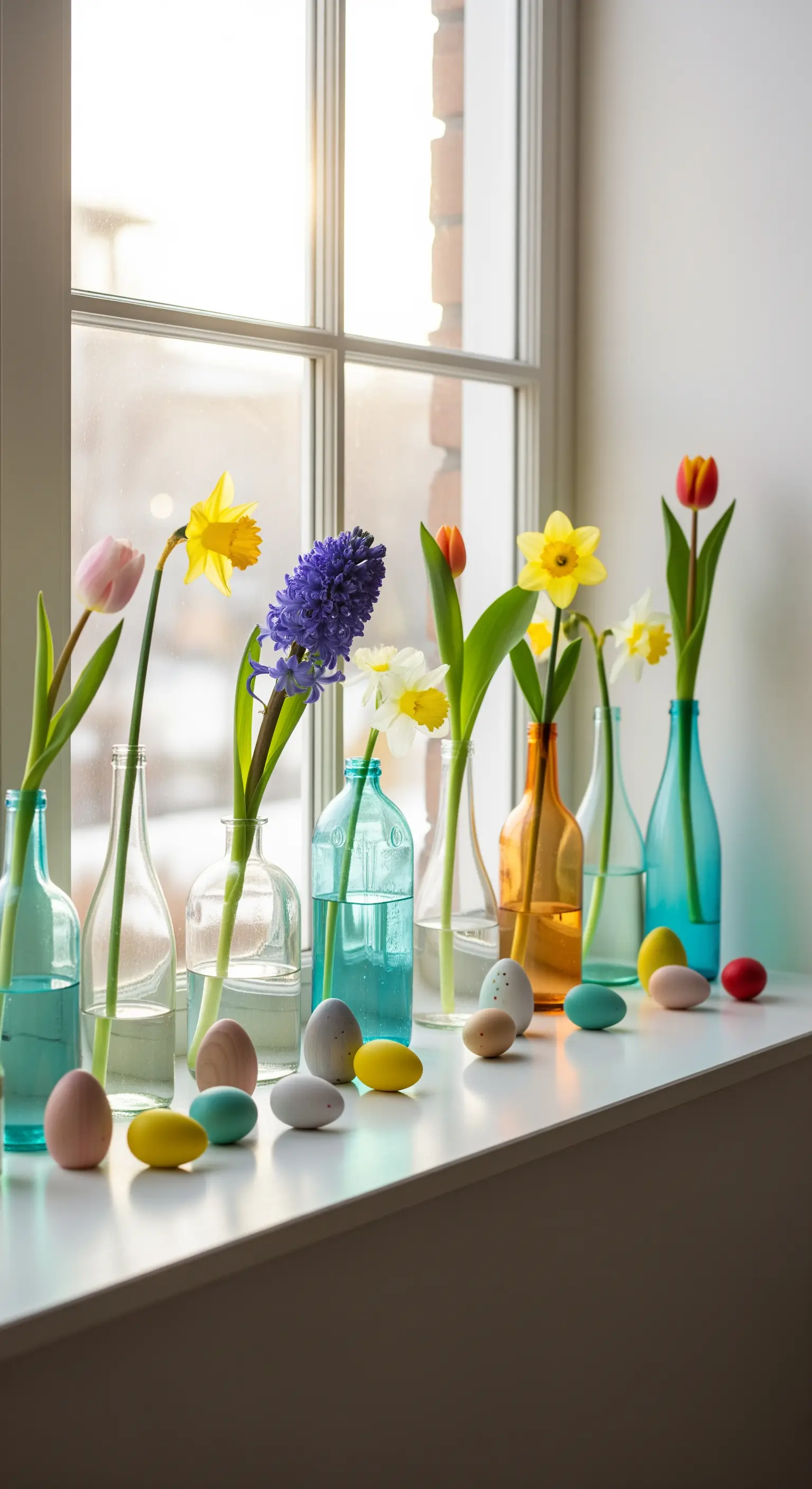 Fiori primaverili a stelo singolo in bottiglie di vetro colorato su un davanzale.