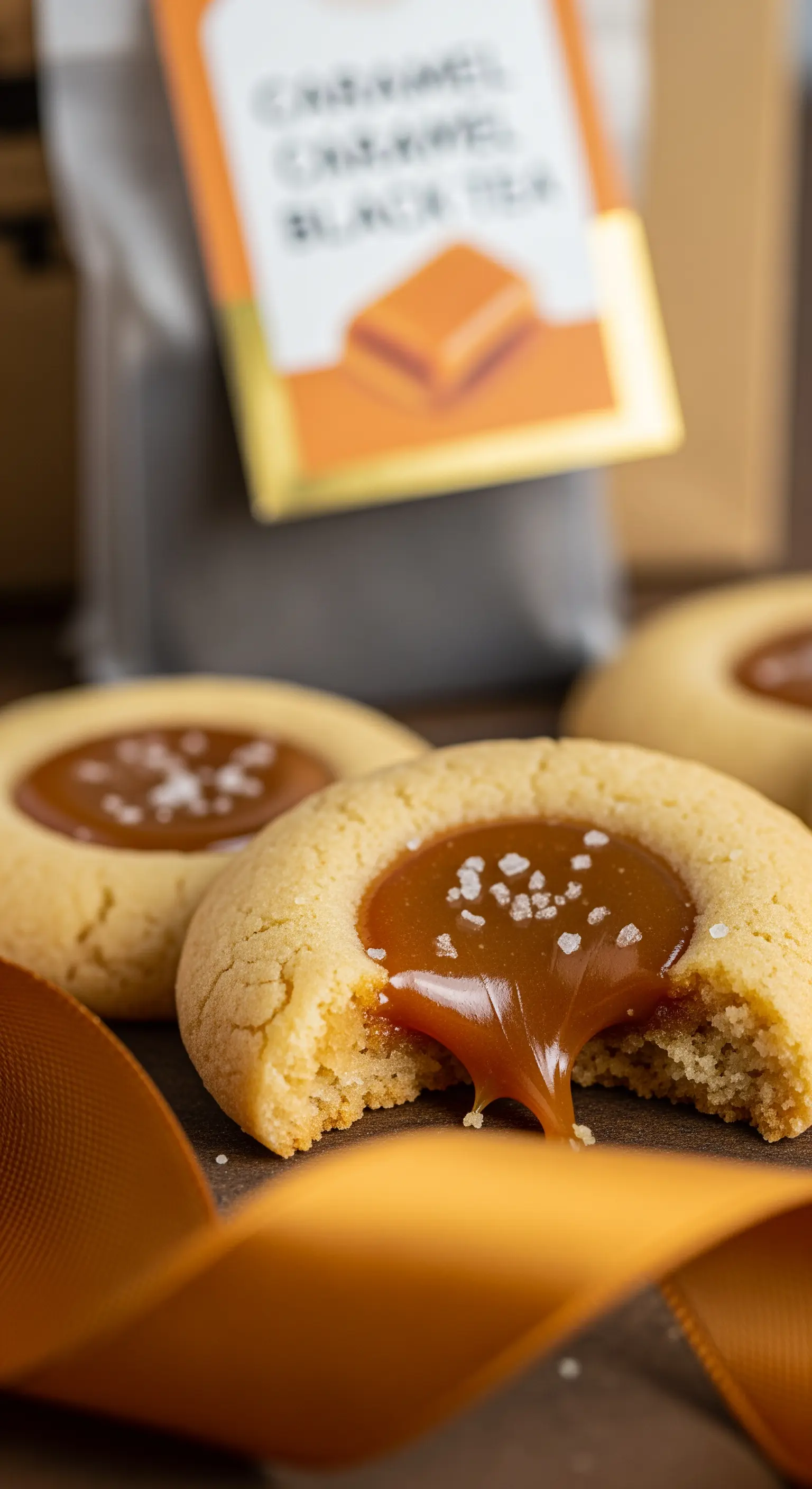 Biscotto con un cuore di caramello fuso e sale grosso in primo piano.