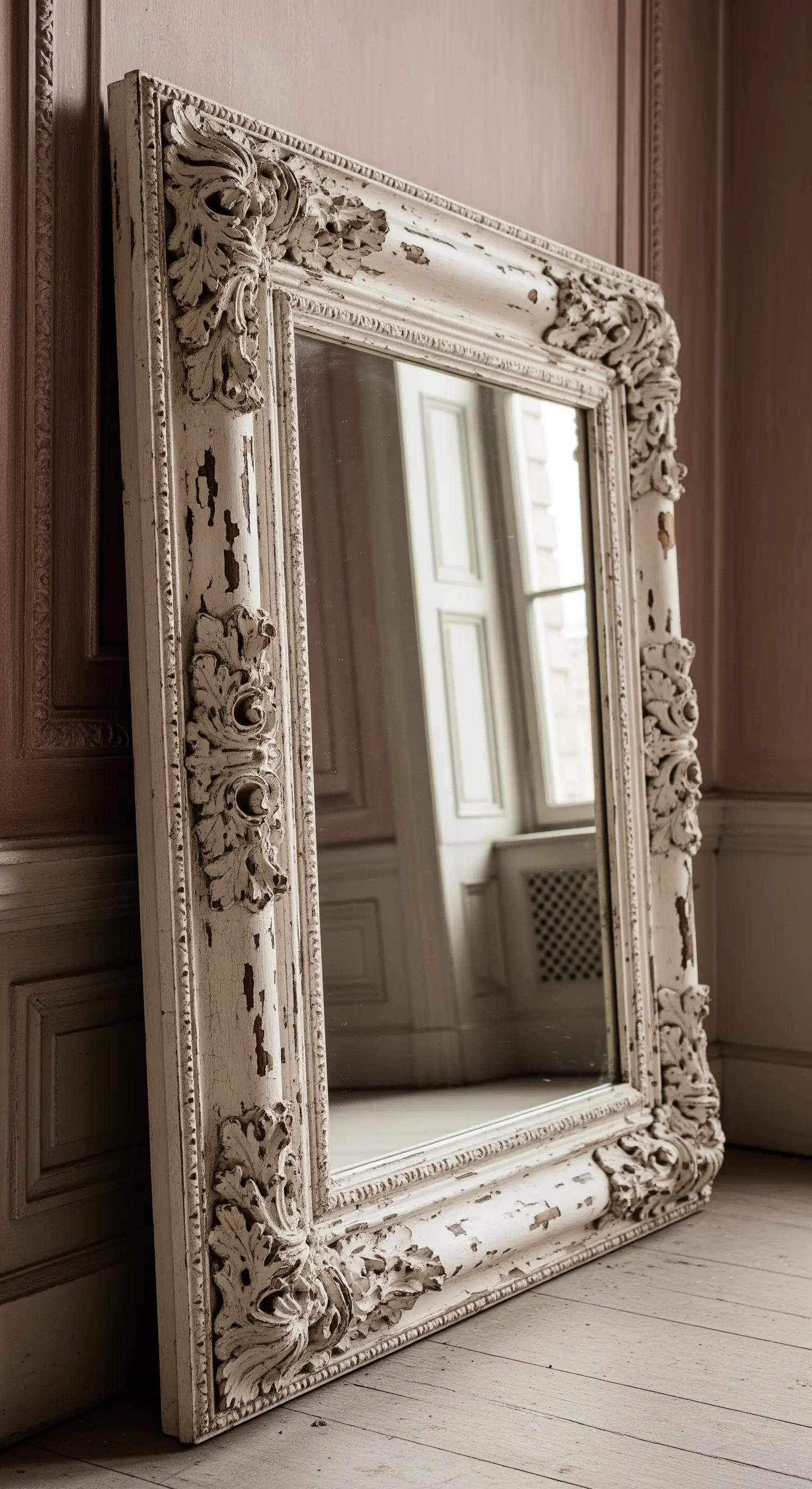 Grande specchio con cornice barocca bianca pesantemente scrostata, appoggiato a una parete rosa antico.