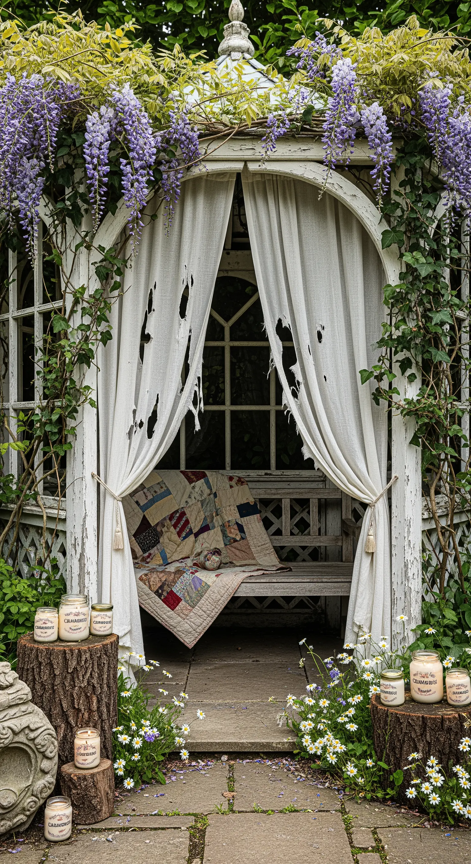 Vecchio gazebo in legno bianco con glicine, tende usurate e una panca con una coperta quilt.