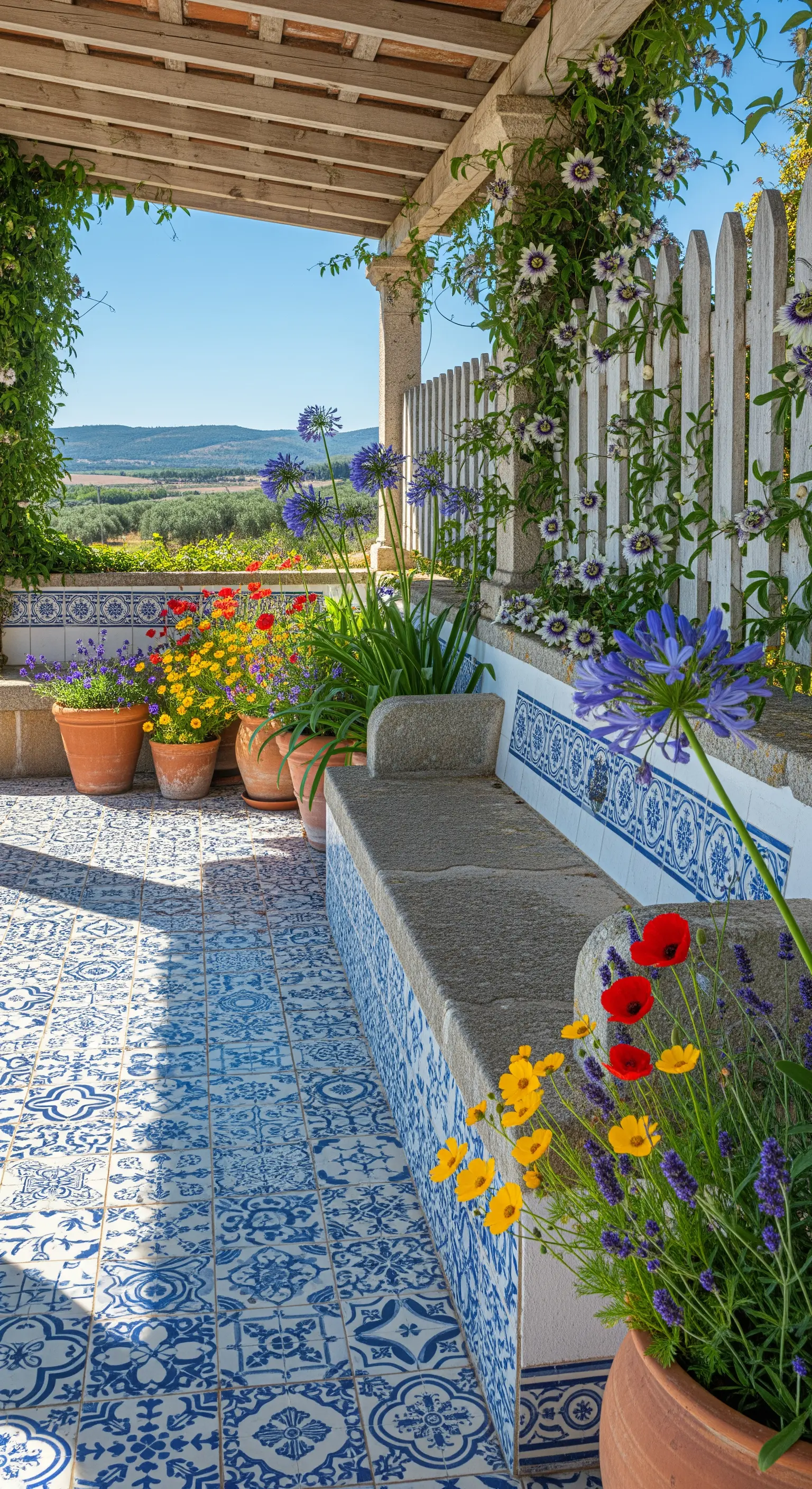 Portico con pavimento e panca decorati con piastrelle blu e bianche (azulejos).