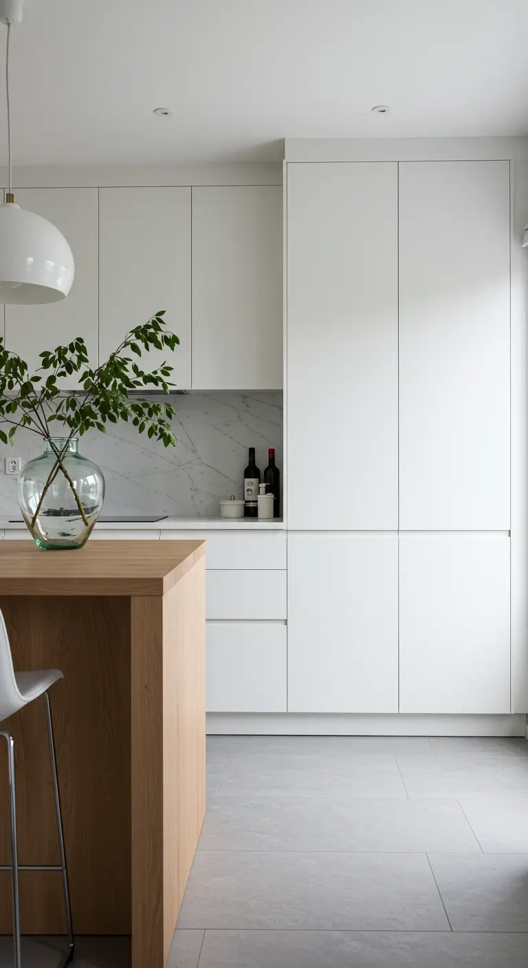 Cucina minimalista bianca e legno con un grande vaso di vetro con rami verdi sull'isola.