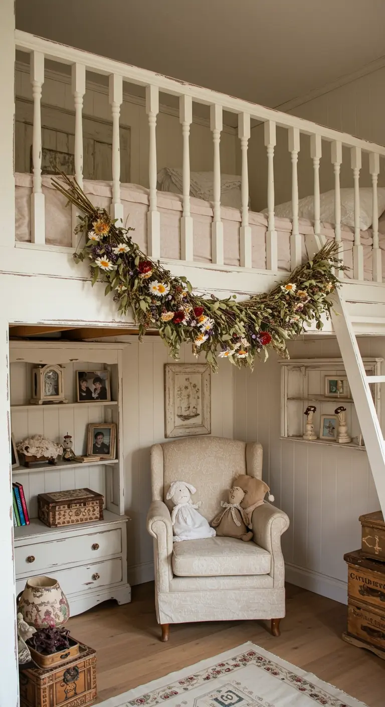 Letto a soppalco bianco decorato con una lunga ghirlanda di fiori di campo secchi.