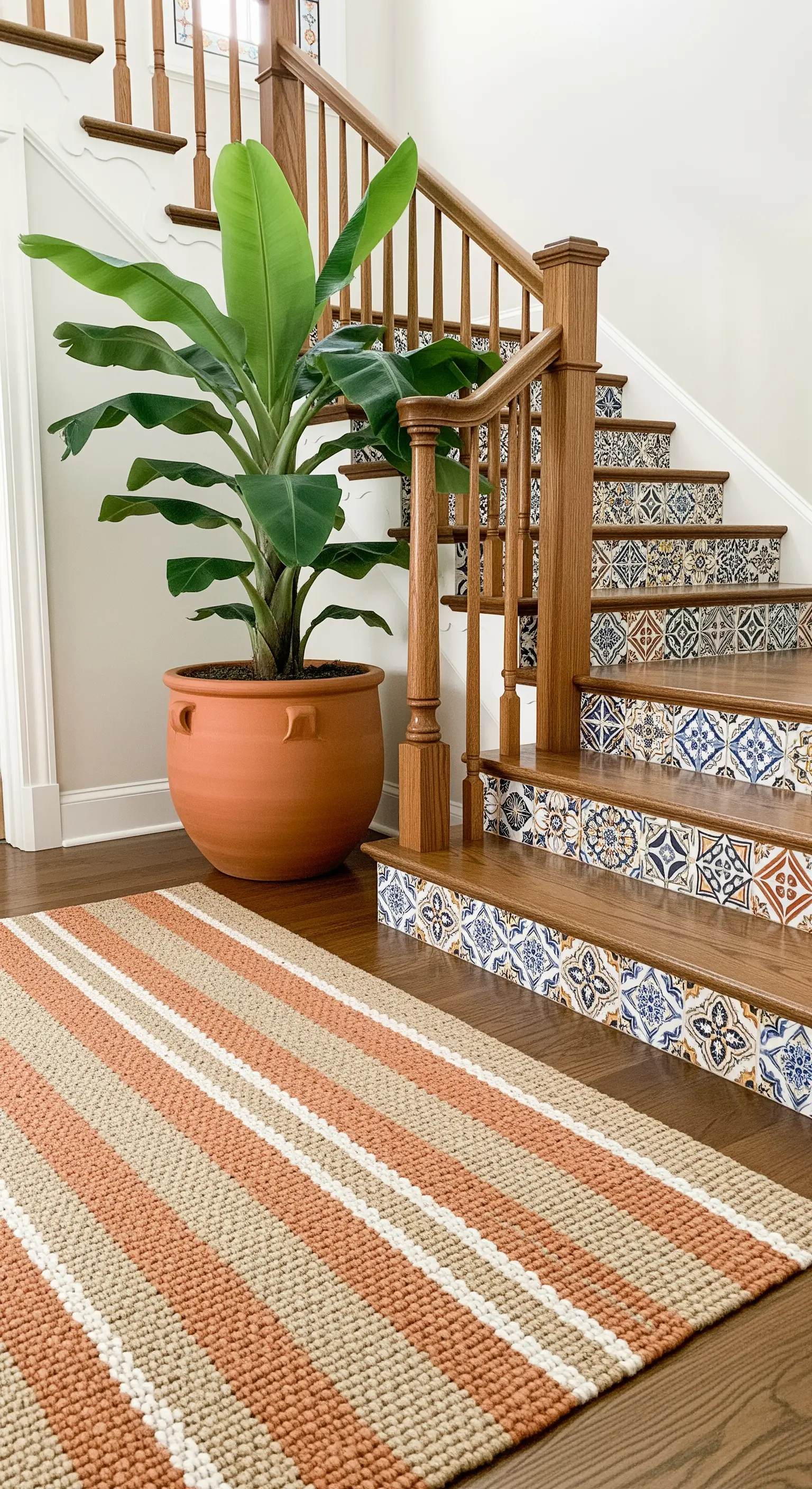 Scala con alzate decorate con maioliche, un grande banano in vaso e un tappeto a righe.