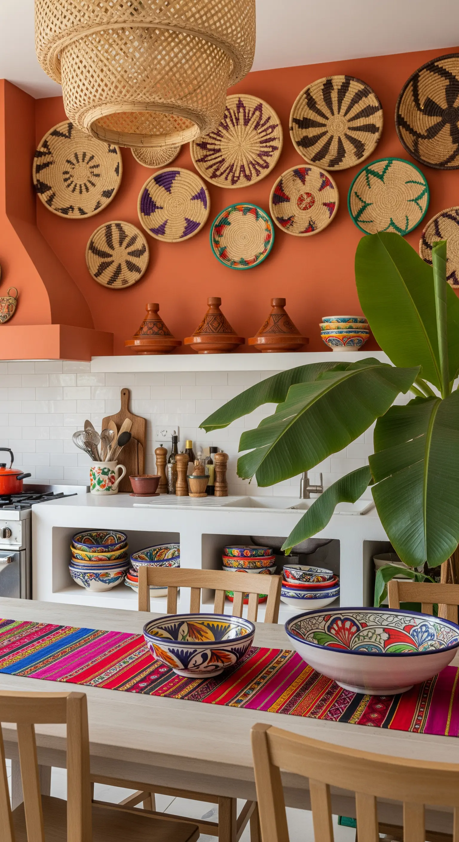 Parete arancione-terracotta decorata con una collezione di cesti africani intrecciati.