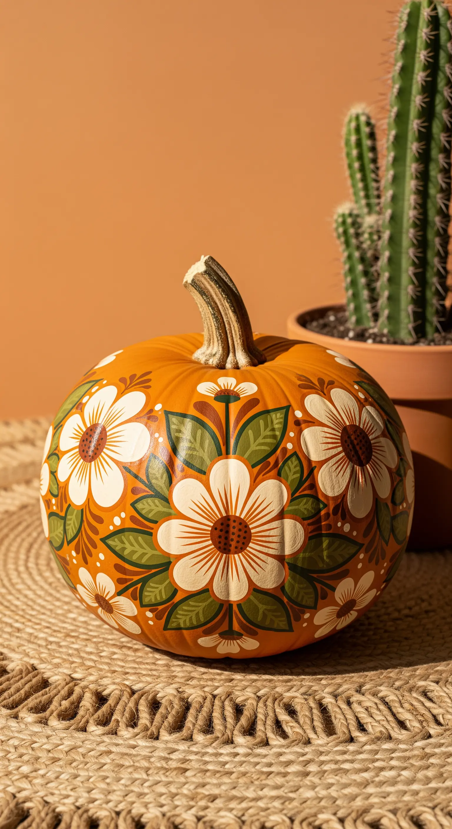 Zucca arancione con un motivo floreale stilizzato di ispirazione folk, su un tappetino di iuta.