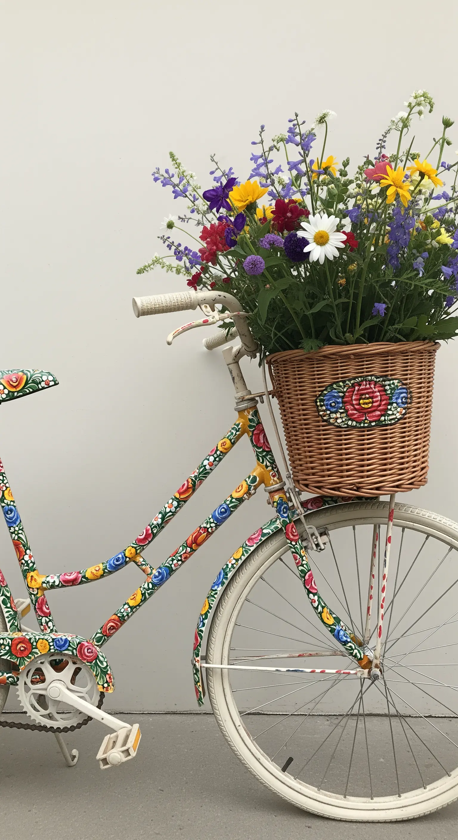 Bicicletta bianca con telaio e sella decorati a mano con motivi floreali colorati.