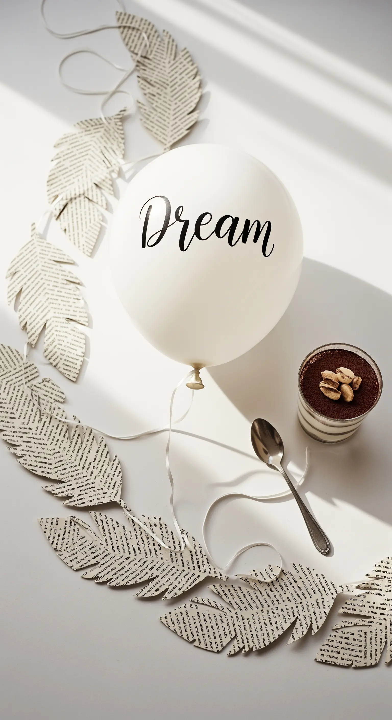 Palloncino bianco con scritta 'Dream' e una ghirlanda di piume ritagliate da pagine di libro.