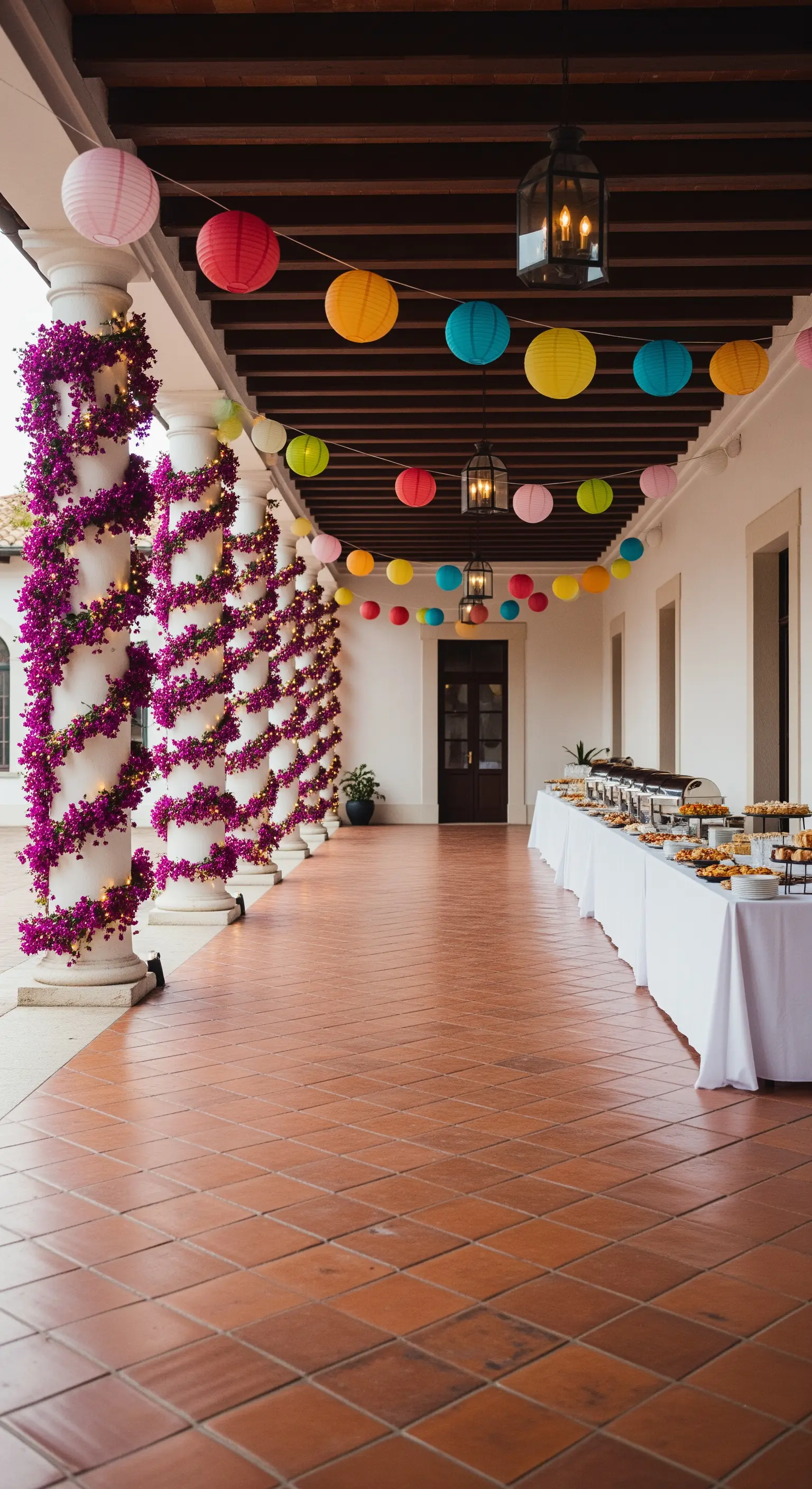 Portico allestito per una festa con lanterne colorate e colonne decorate con fiori viola