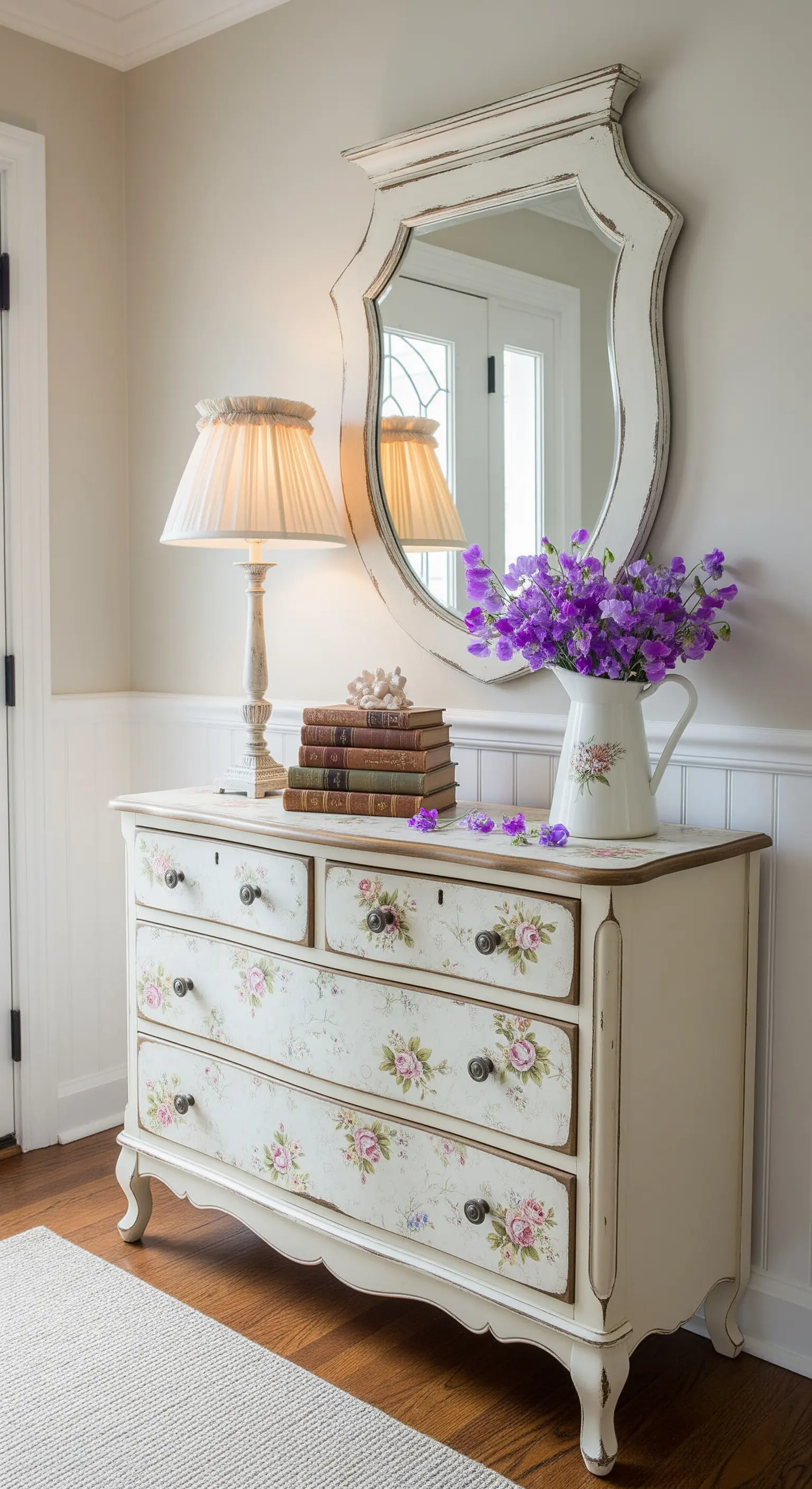 Comò color crema decorato con decoupage floreale, con specchio e lampada da tavolo.