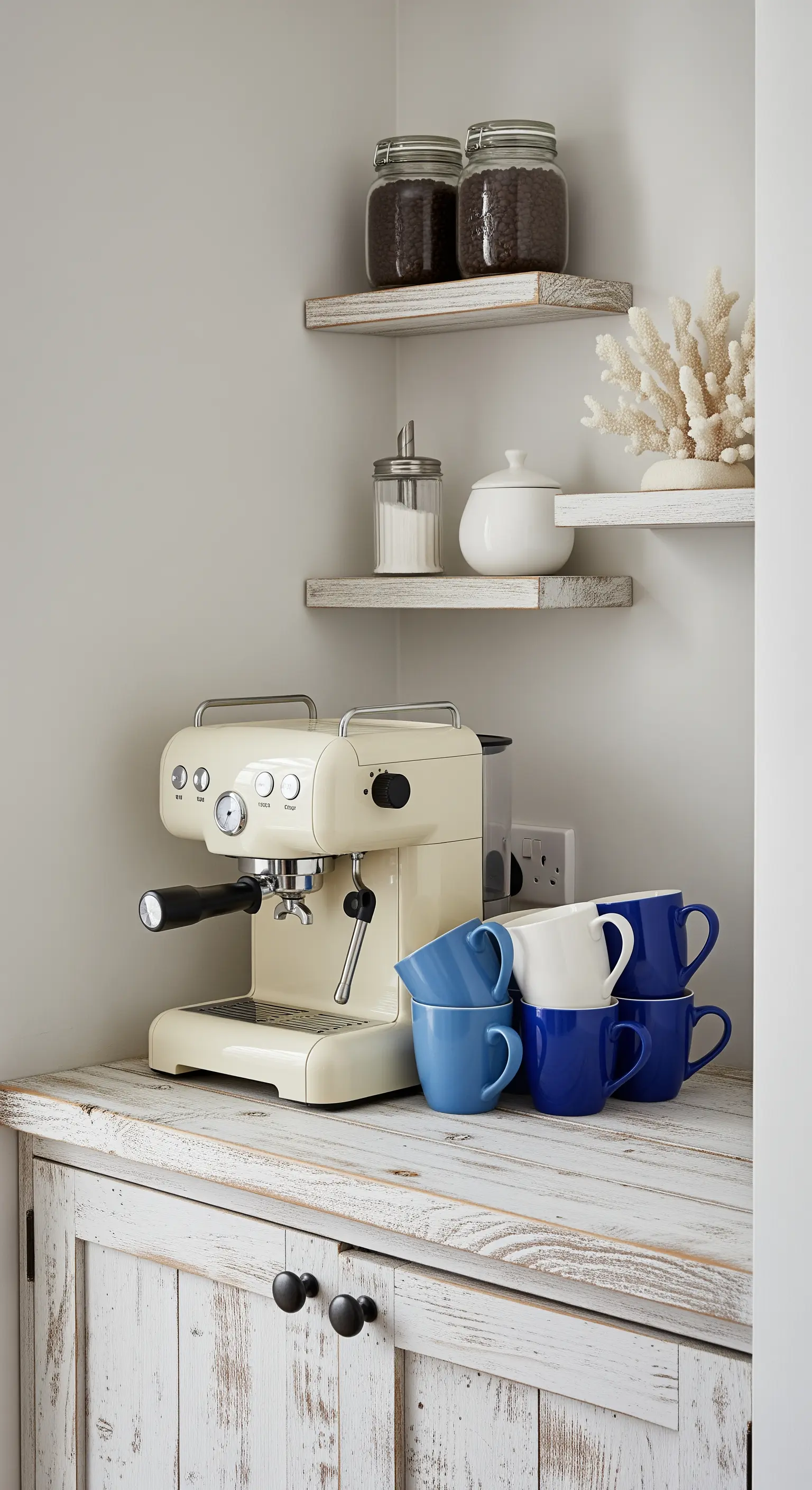 Angolo caffè con mobile in legno decapato, macchina color crema e tazze blu.