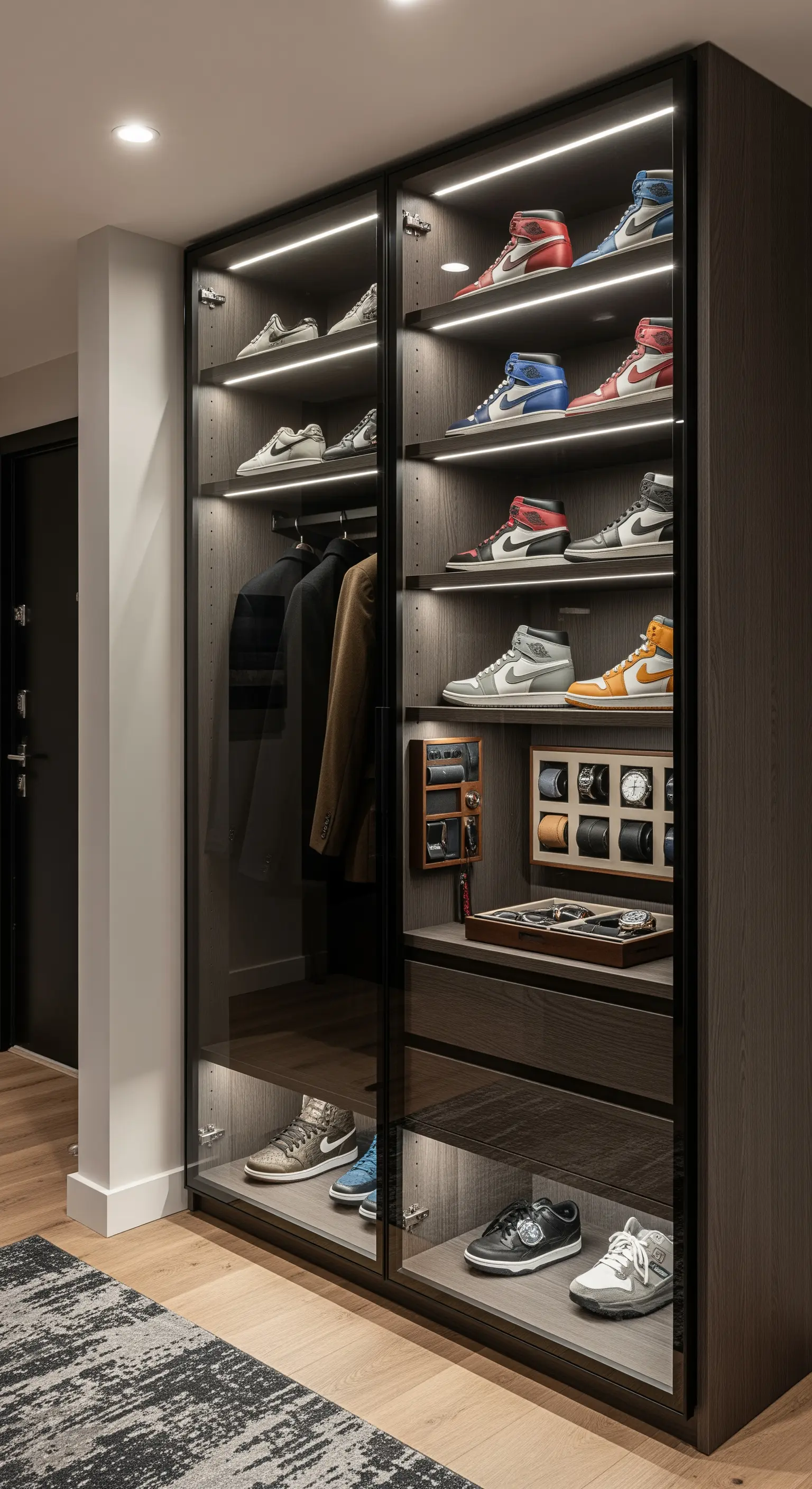 Vetrina espositiva per scarpe da ginnastica con ante in vetro, ripiani inclinati e illuminazione a LED.