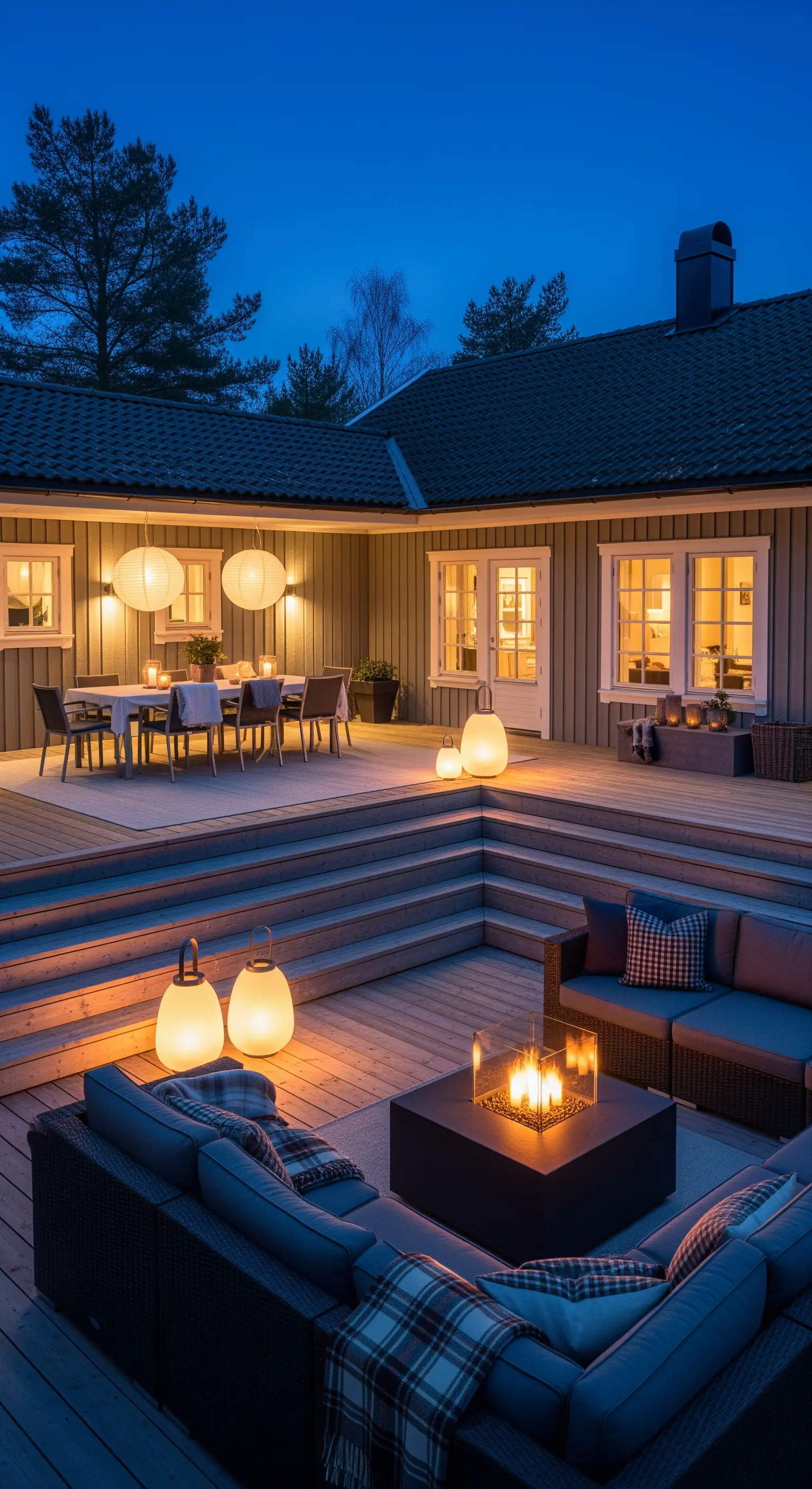 Terrazza in legno a più livelli illuminata da lanterne a terra e sospese, con zona pranzo e salotto.