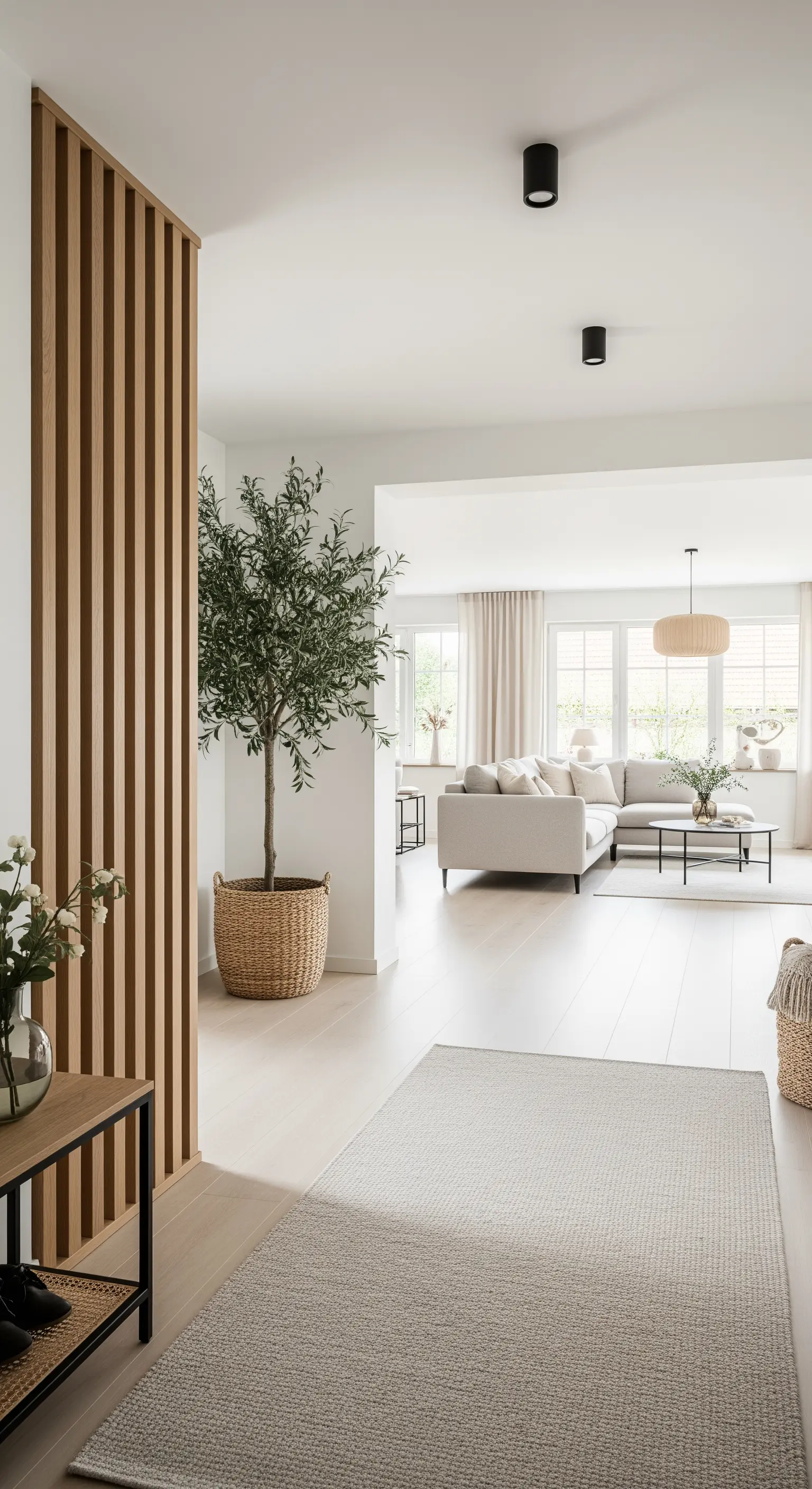 Ingresso open space definito da un divisorio a listelli in legno e un ulivo in vaso.