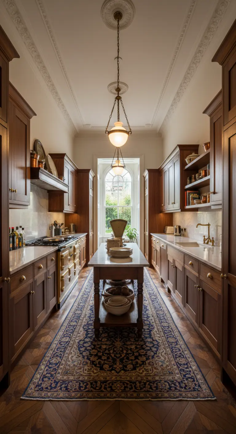 Cucina a corridoio con mobili in legno scuro, pavimento in parquet e runner persiano.