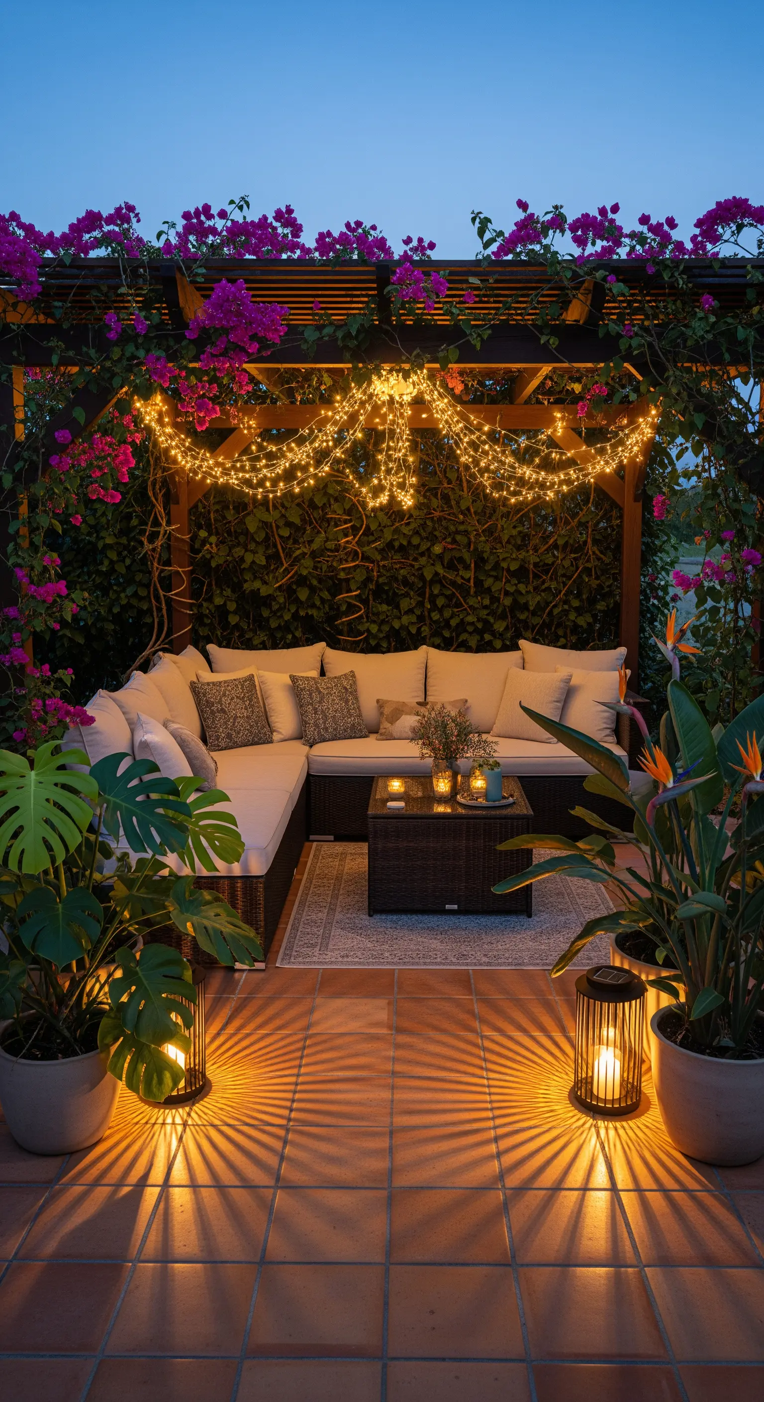 Divano angolare sotto una pergola decorata con lucine e circondata da piante tropicali.