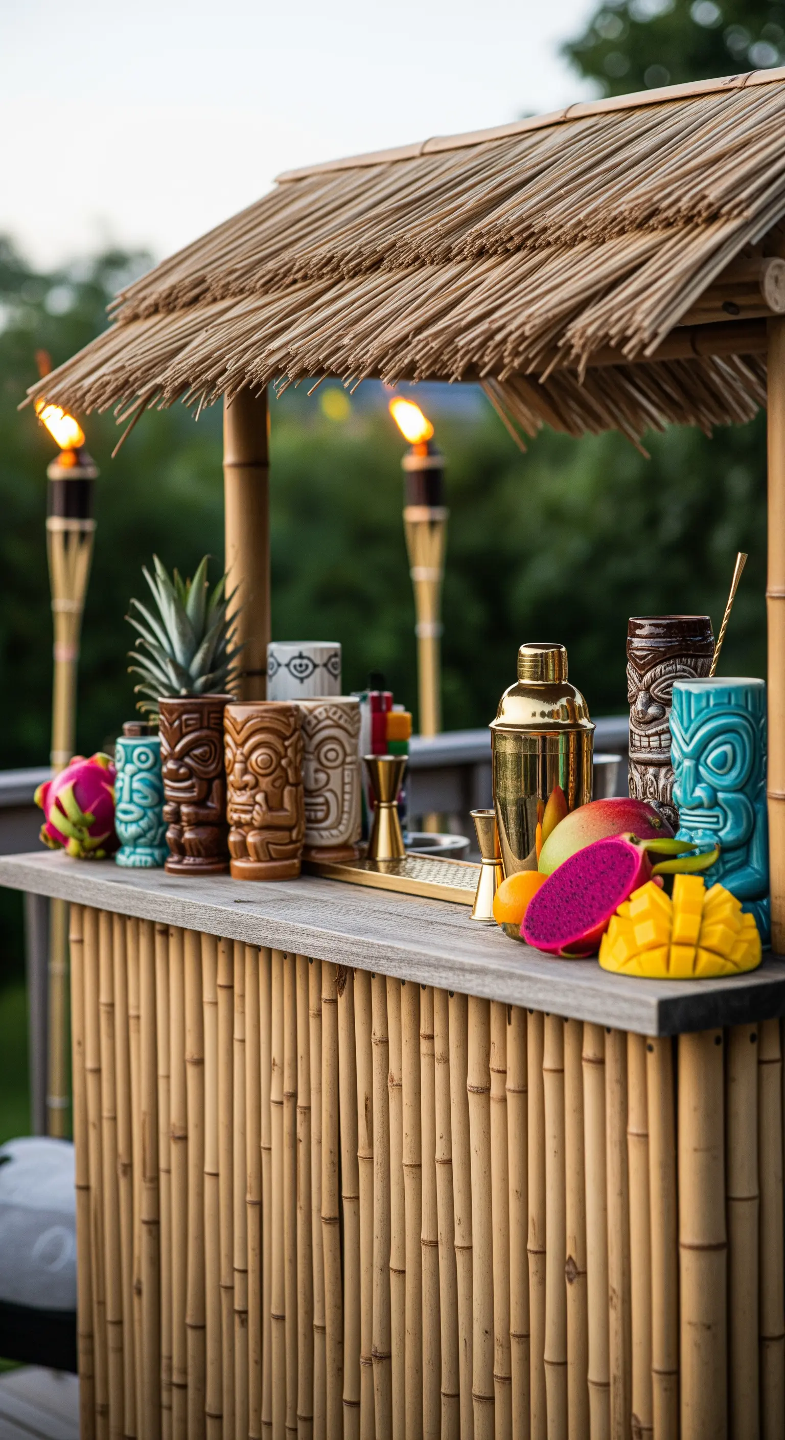 Dettaglio di un bar tiki in bambù con tetto di paglia e bicchieri a tema.